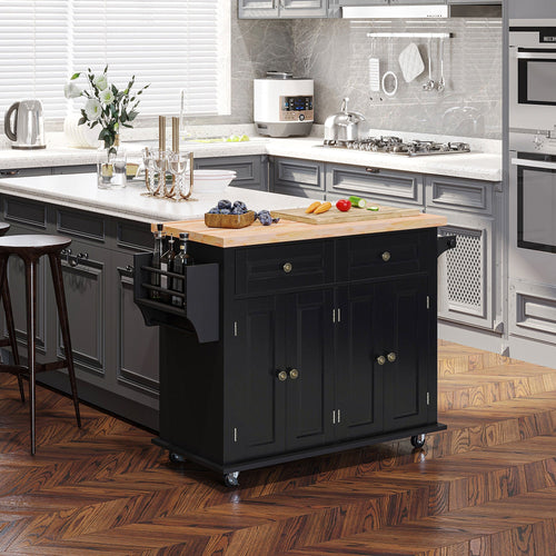 Kitchen Island with Storage, Rolling Trolley Cart with Rubber Wood Top, Spice Rack, Towel Rack, Black