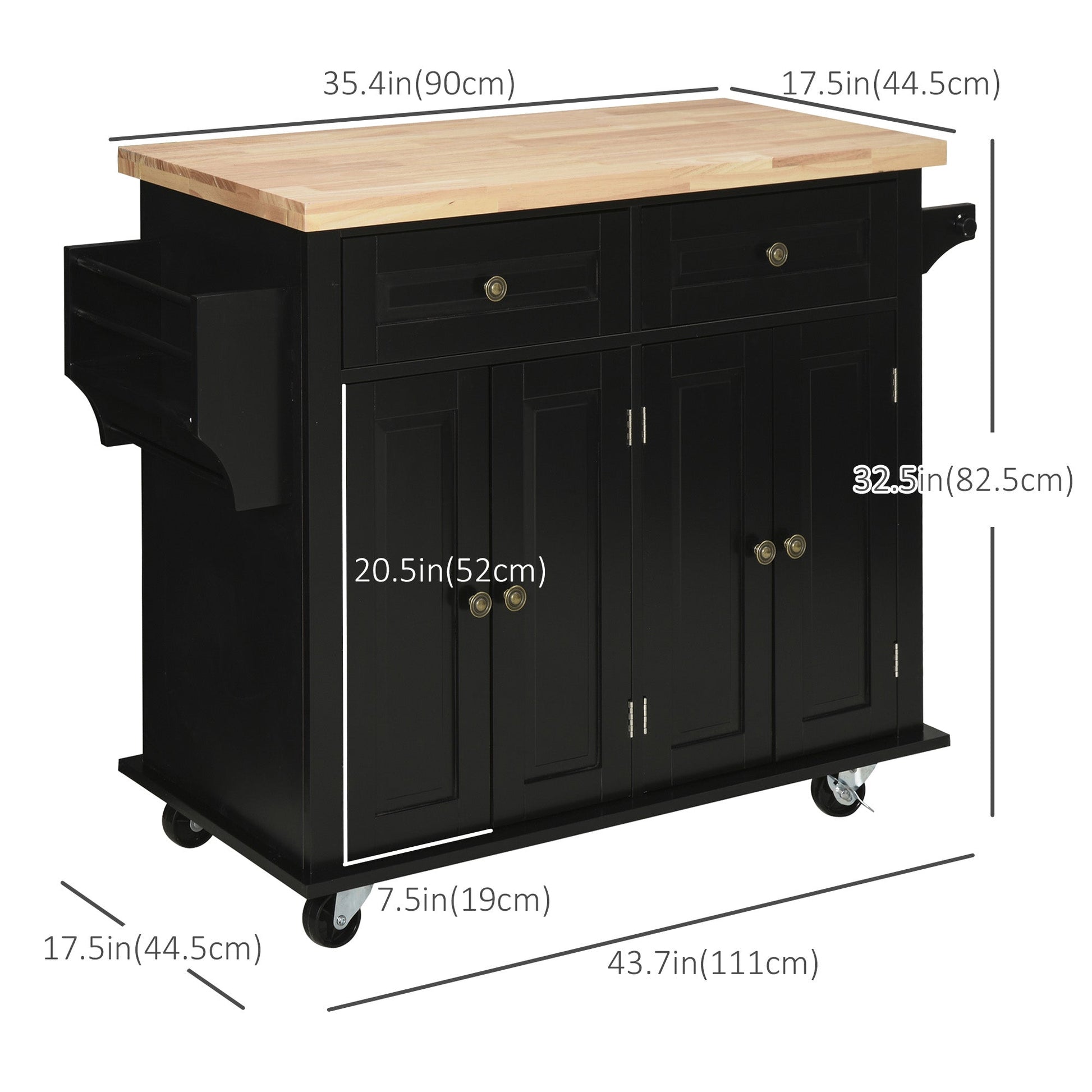 Kitchen Island with Storage, Rolling Trolley Cart with Rubber Wood Top, Spice Rack, Towel Rack, Black Kitchen Islands & Kitchen Carts Black  at Gallery Canada