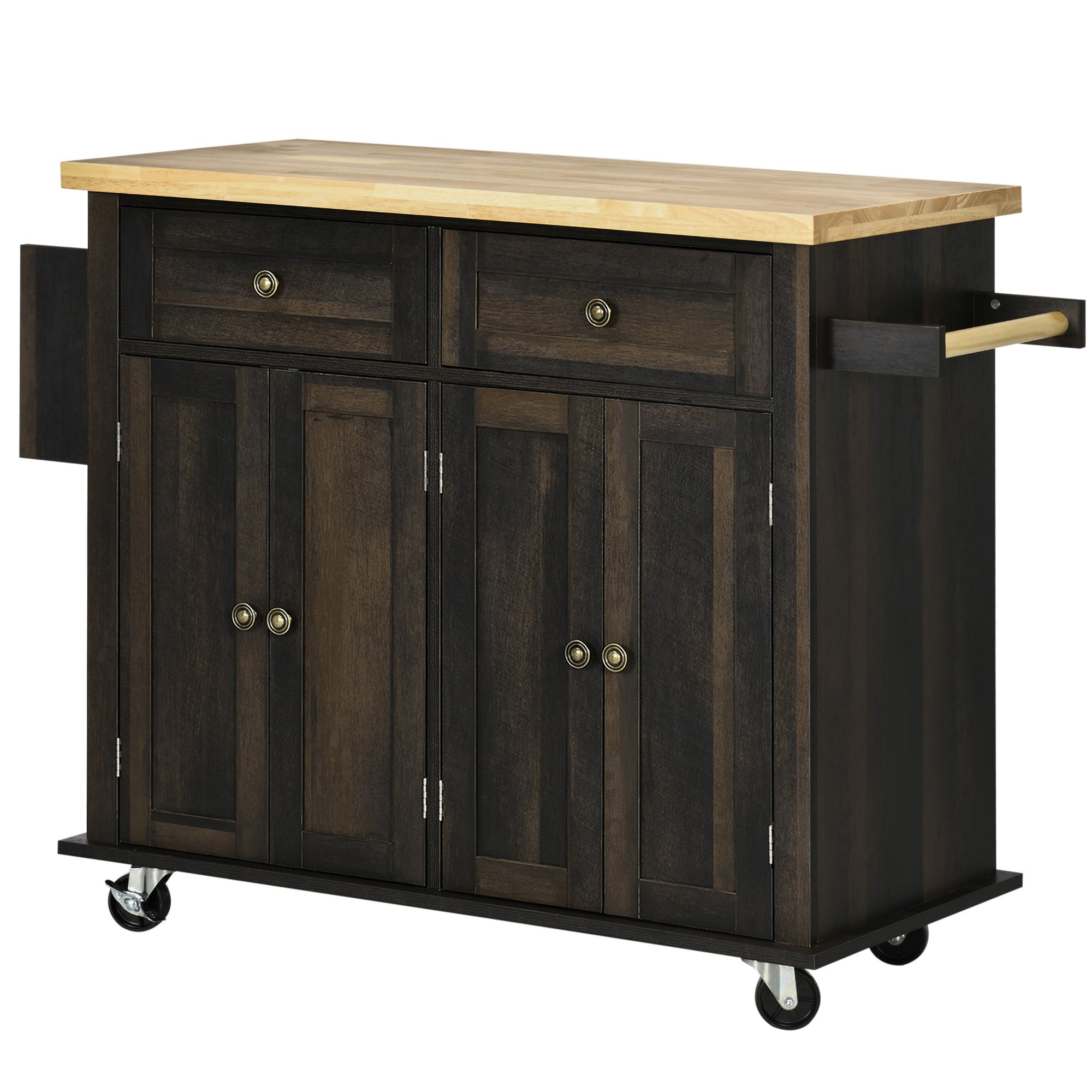 Kitchen Island with Storage, Rolling Trolley Cart with Rubber Wood Top, Spice Rack, Towel Rack, Brown Oak Kitchen Islands & Kitchen Carts Brown Oak  at Gallery Canada