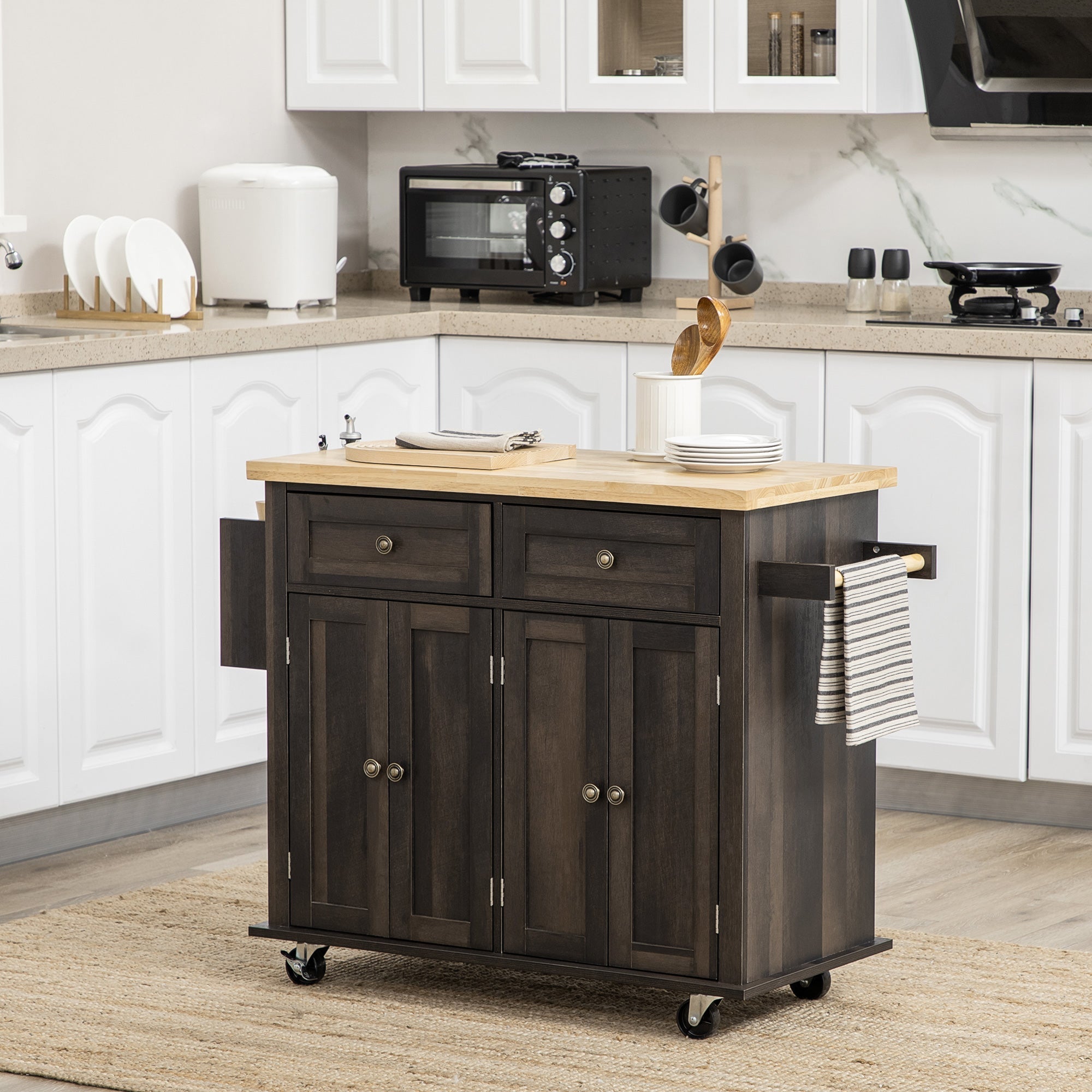 Kitchen Island with Storage, Rolling Trolley Cart with Rubber Wood Top, Spice Rack, Towel Rack, Brown Oak Kitchen Islands & Kitchen Carts   at Gallery Canada