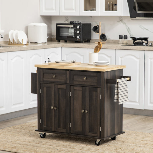 Kitchen Island with Storage, Rolling Trolley Cart with Rubber Wood Top, Spice Rack, Towel Rack, Brown Oak