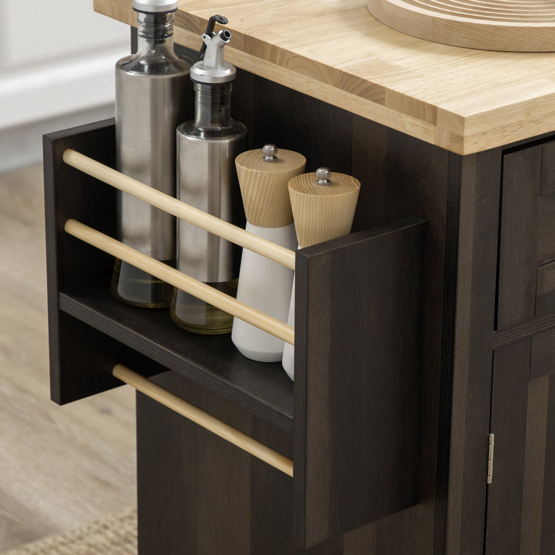 Kitchen Island with Storage, Rolling Trolley Cart with Rubber Wood Top, Spice Rack, Towel Rack, Brown Oak Kitchen Islands & Kitchen Carts   at Gallery Canada