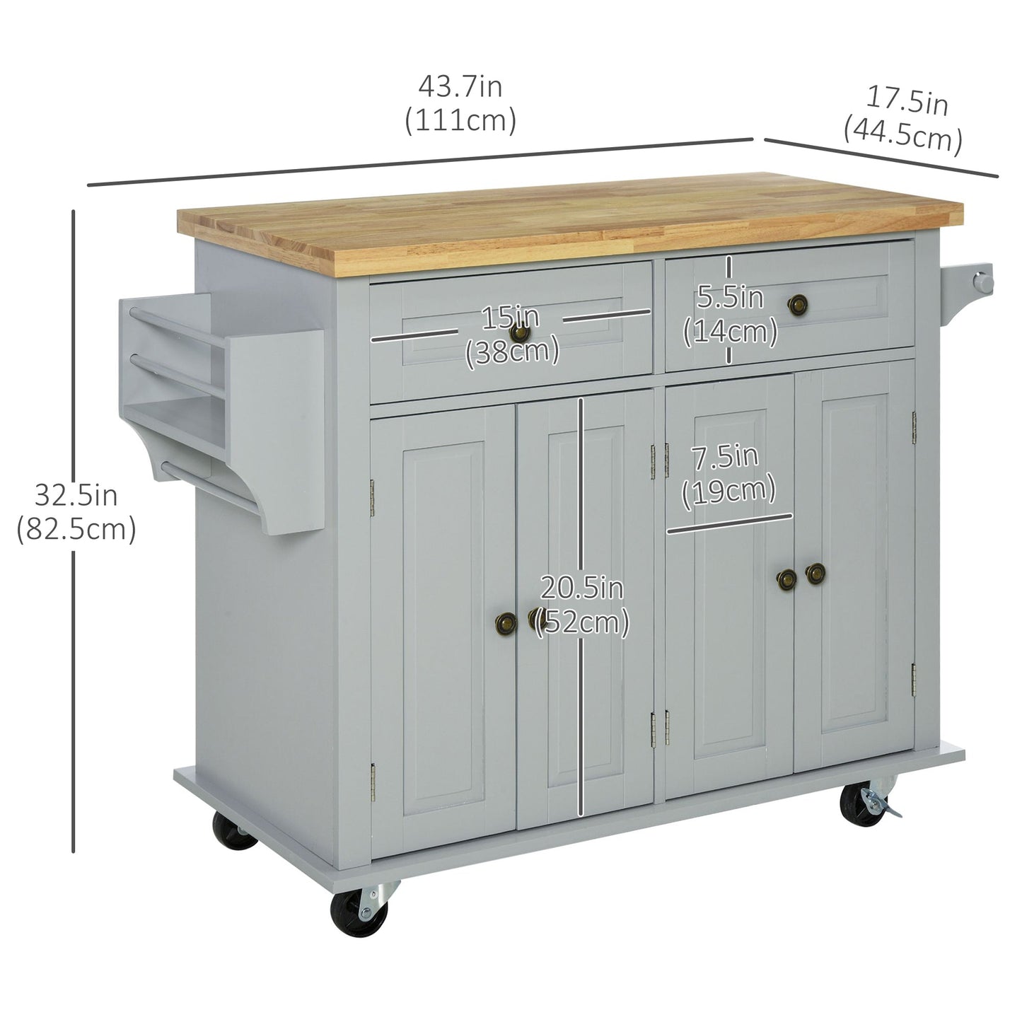 Kitchen Island with Storage, Rolling Trolley Cart with Rubber Wood Top, Spice Rack, Towel Rack, Grey Kitchen Islands & Kitchen Carts   at Gallery Canada