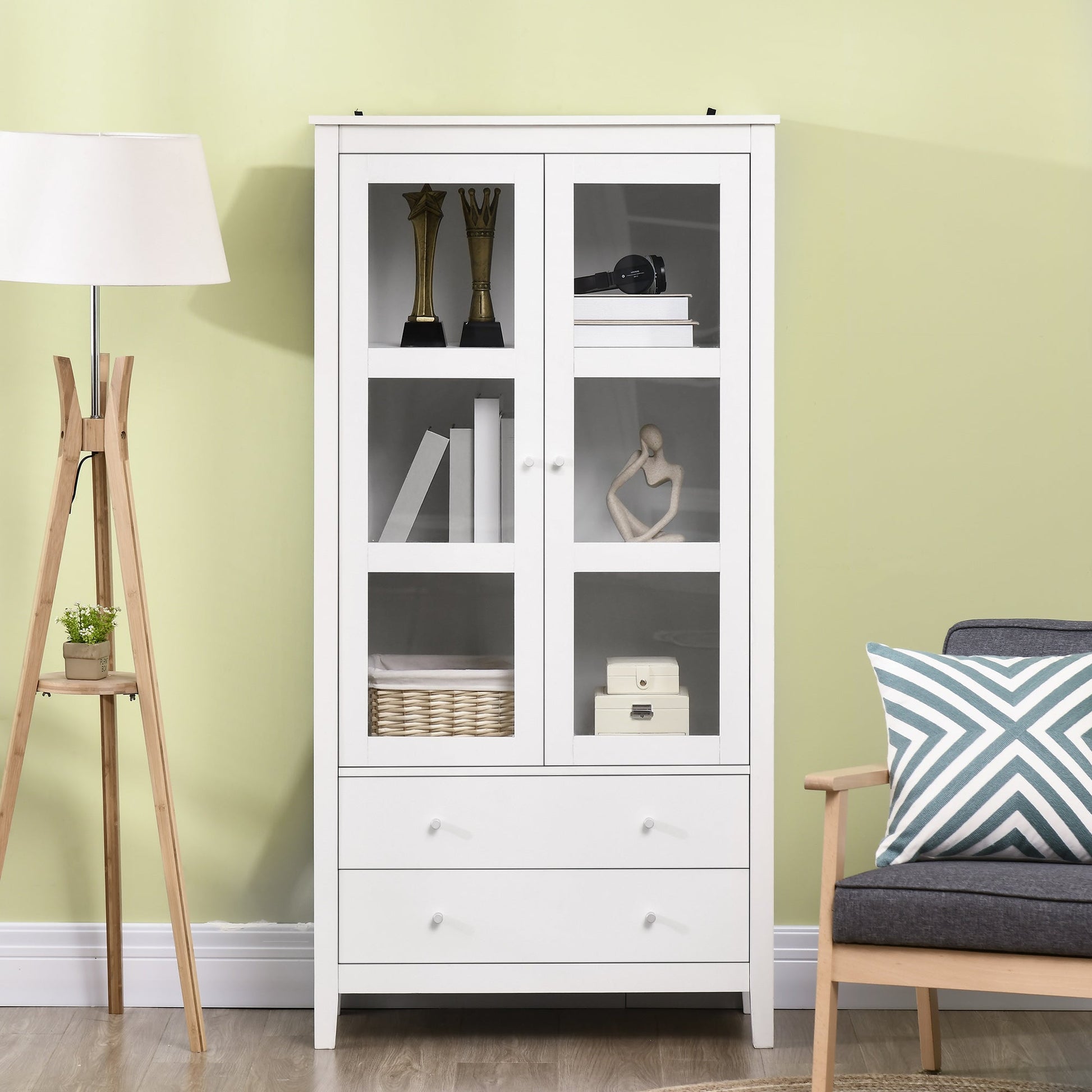 Kitchen Pantry Cabinet, Freestanding Storage Cabinet with 3-tier Shelves, 2 Drawers and Glass Doors, White Storage Cabinets   at Gallery Canada