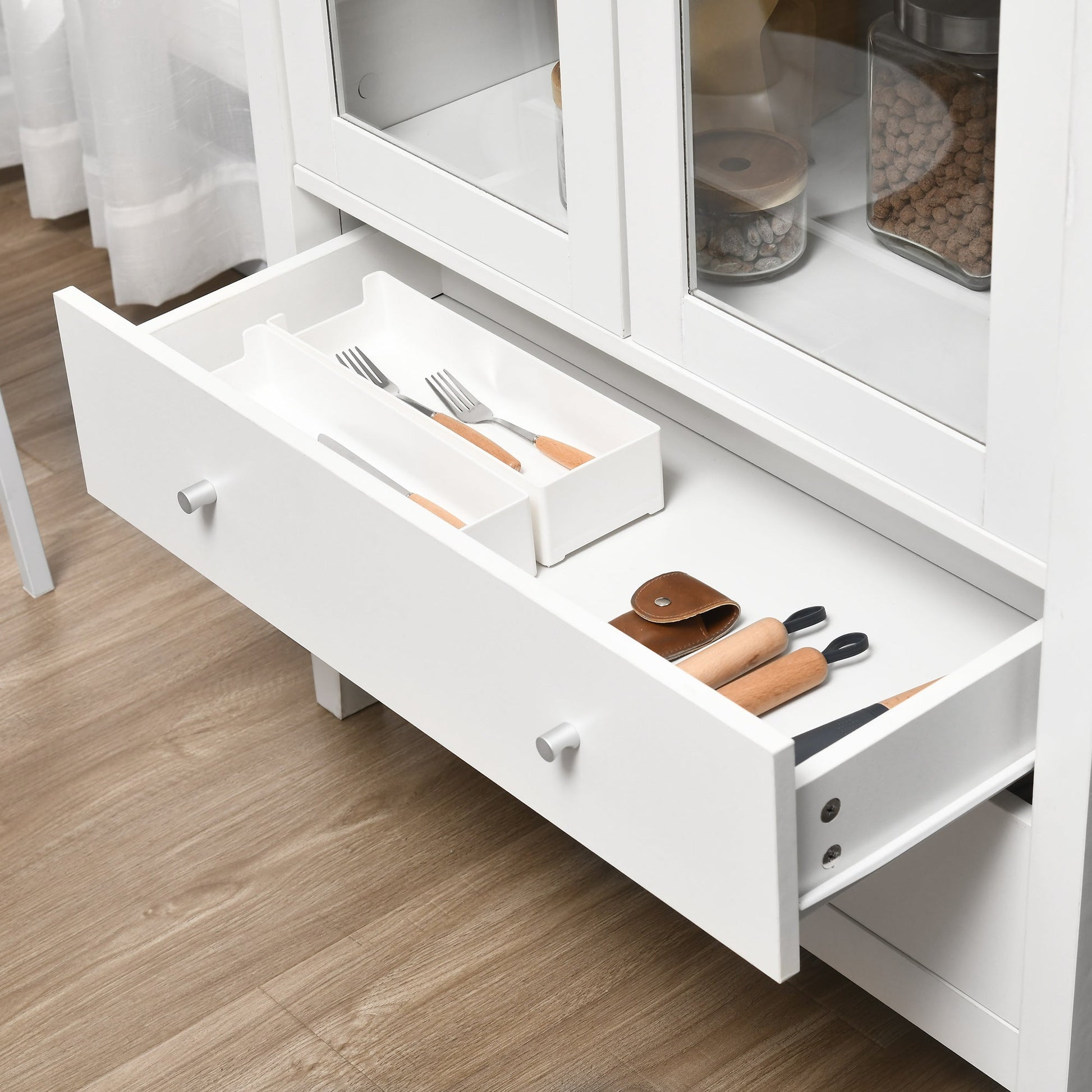 Kitchen Pantry Cabinet, Freestanding Storage Cabinet with 3-tier Shelves, 2 Drawers and Glass Doors, White Storage Cabinets   at Gallery Canada