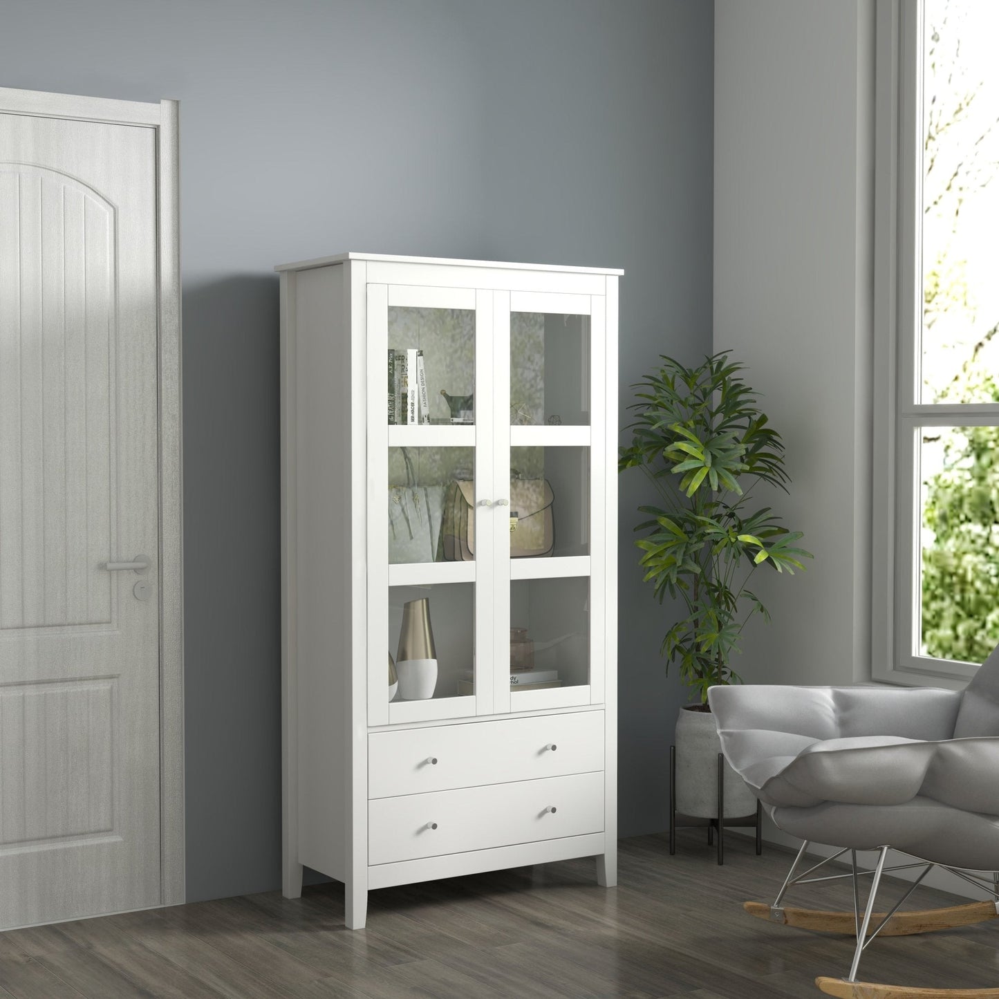 Kitchen Pantry Cabinet, Freestanding Storage Cabinet with 3-tier Shelves, 2 Drawers and Glass Doors, White Storage Cabinets   at Gallery Canada