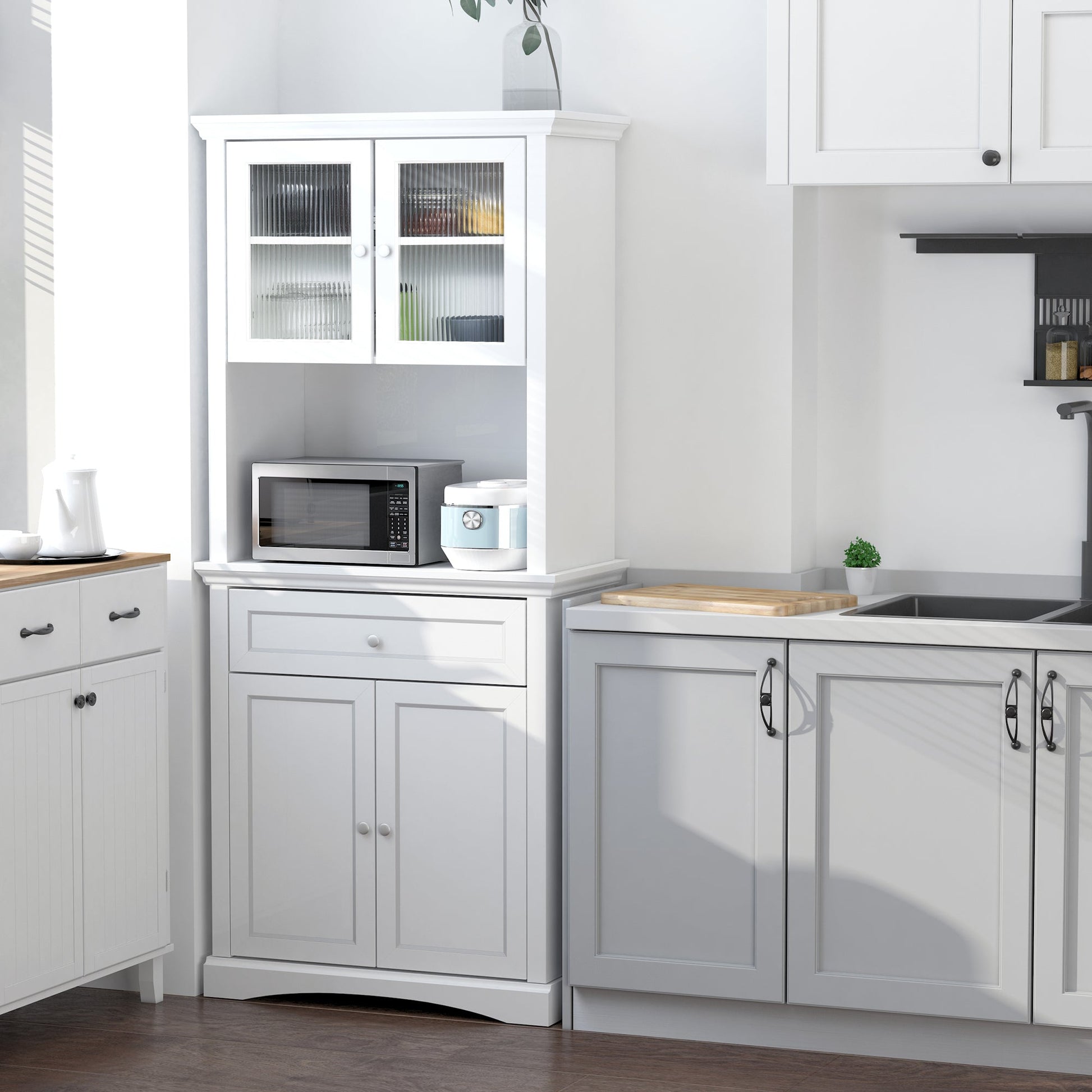 Kitchen Pantry, Freestanding Storage Cabinet, Cupboard with Drawer, Glass Doors, Adjustable Shelving, White Kitchen Pantry Cabinets   at Gallery Canada