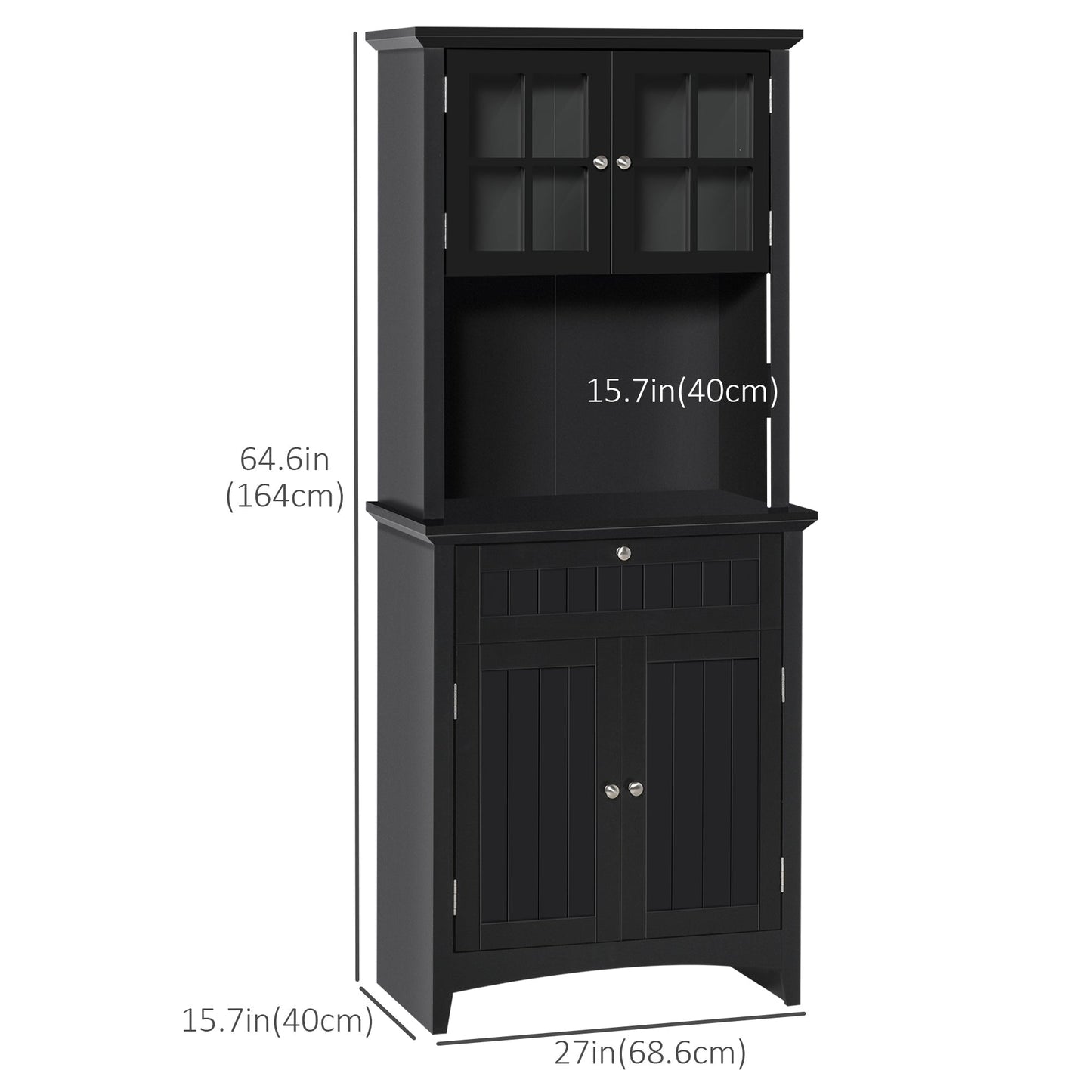 Kitchen Pantry Storage Cabinet, Freestanding Buffet Hutch Wooden Cupboard with Framed Glass Door, Drawer and Microwave Space, Black Kitchen Pantry Cabinets   at Gallery Canada