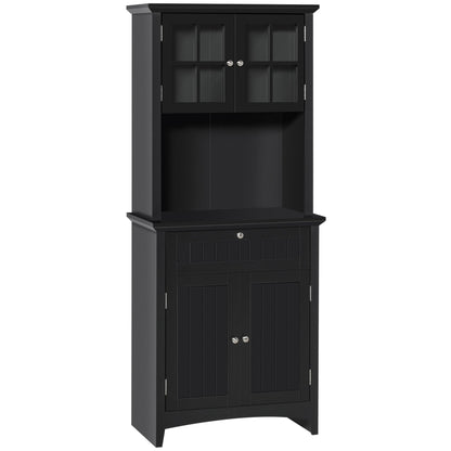 Kitchen Pantry Storage Cabinet, Freestanding Buffet Hutch Wooden Cupboard with Framed Glass Door, Drawer and Microwave Space, Black Kitchen Pantry Cabinets Black  at Gallery Canada