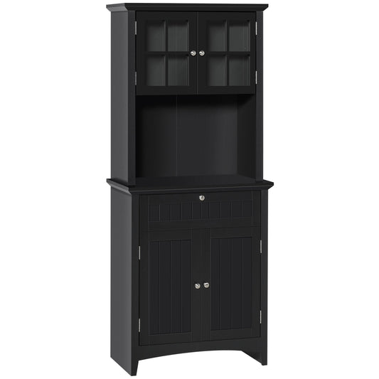 Kitchen Pantry Storage Cabinet, Freestanding Buffet Hutch Wooden Cupboard with Framed Glass Door, Drawer and Microwave Space, Black Kitchen Pantry Cabinets Black  at Gallery Canada