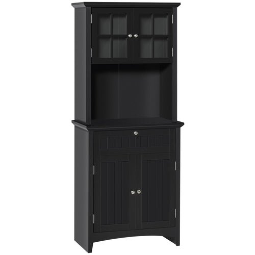 Kitchen Pantry Storage Cabinet, Freestanding Buffet Hutch Wooden Cupboard with Framed Glass Door, Drawer and Microwave Space, Black