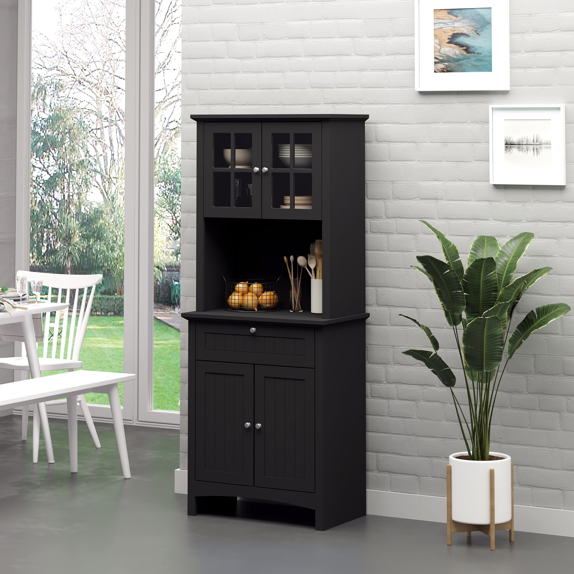 Kitchen Pantry Storage Cabinet, Freestanding Buffet Hutch Wooden Cupboard with Framed Glass Door, Drawer and Microwave Space, Black Kitchen Pantry Cabinets   at Gallery Canada