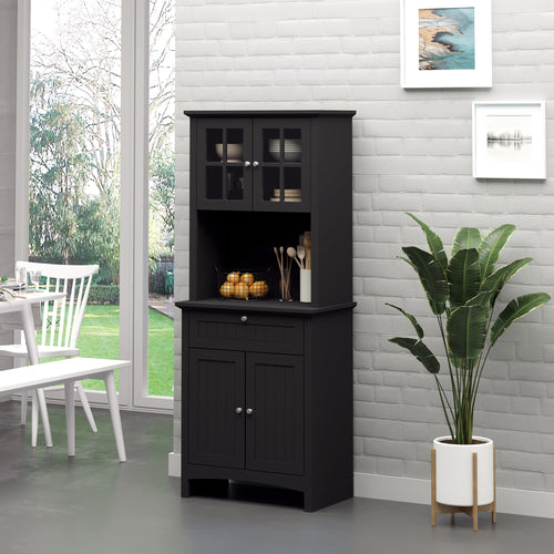 Kitchen Pantry Storage Cabinet, Freestanding Buffet Hutch Wooden Cupboard with Framed Glass Door, Drawer and Microwave Space, Black