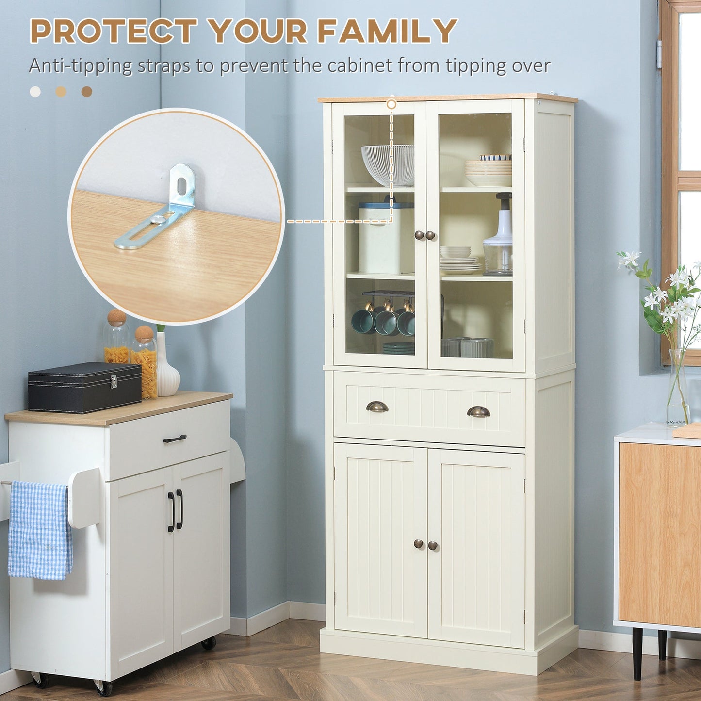 Kitchen Pantry Storage Cabinet, Freestanding Pantry Cabinets, 5-tier Kitchen Cabinet with Adjustable Shelves and Drawer, Cream White Kitchen Pantry Cabinets   at Gallery Canada