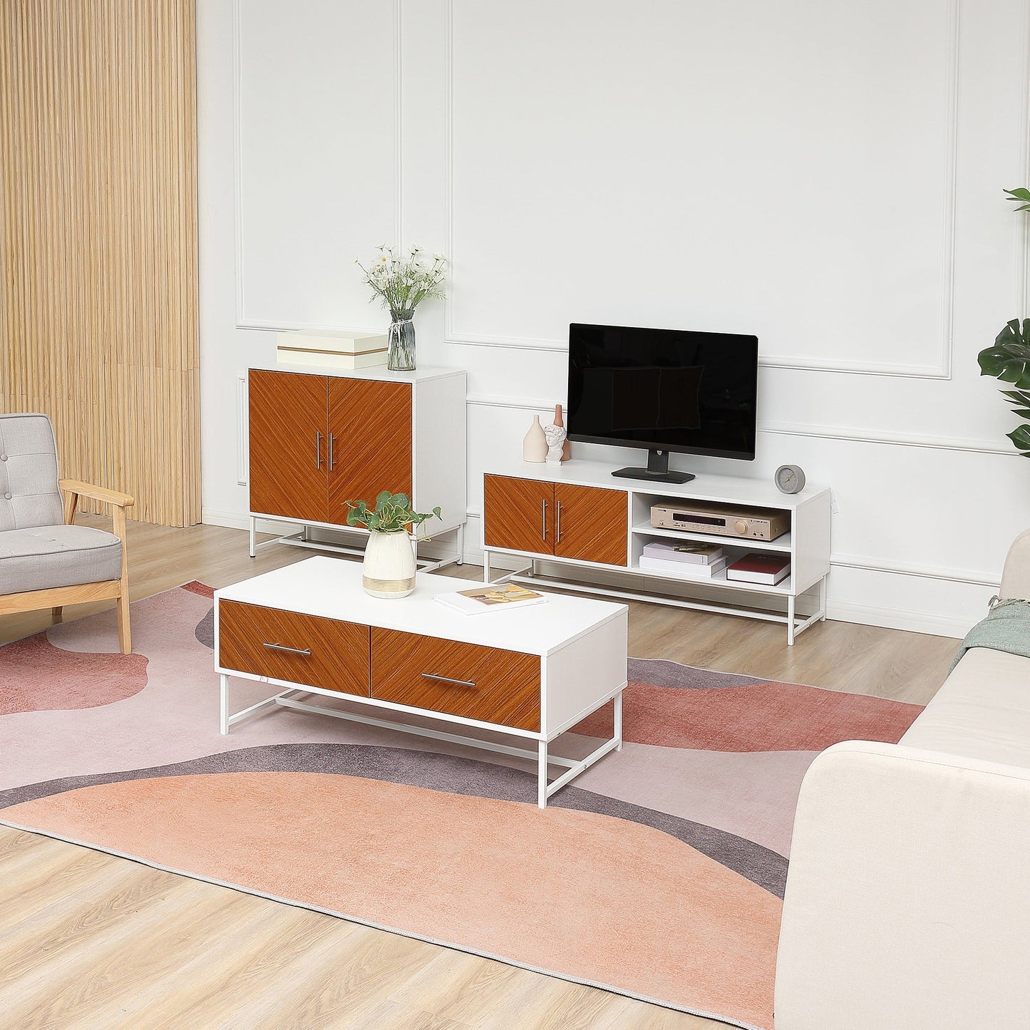 Kitchen Sideboard Buffet Cabinet with Adjustable Shelf, Metal Base, White, Brown Storage Cabinets   at Gallery Canada