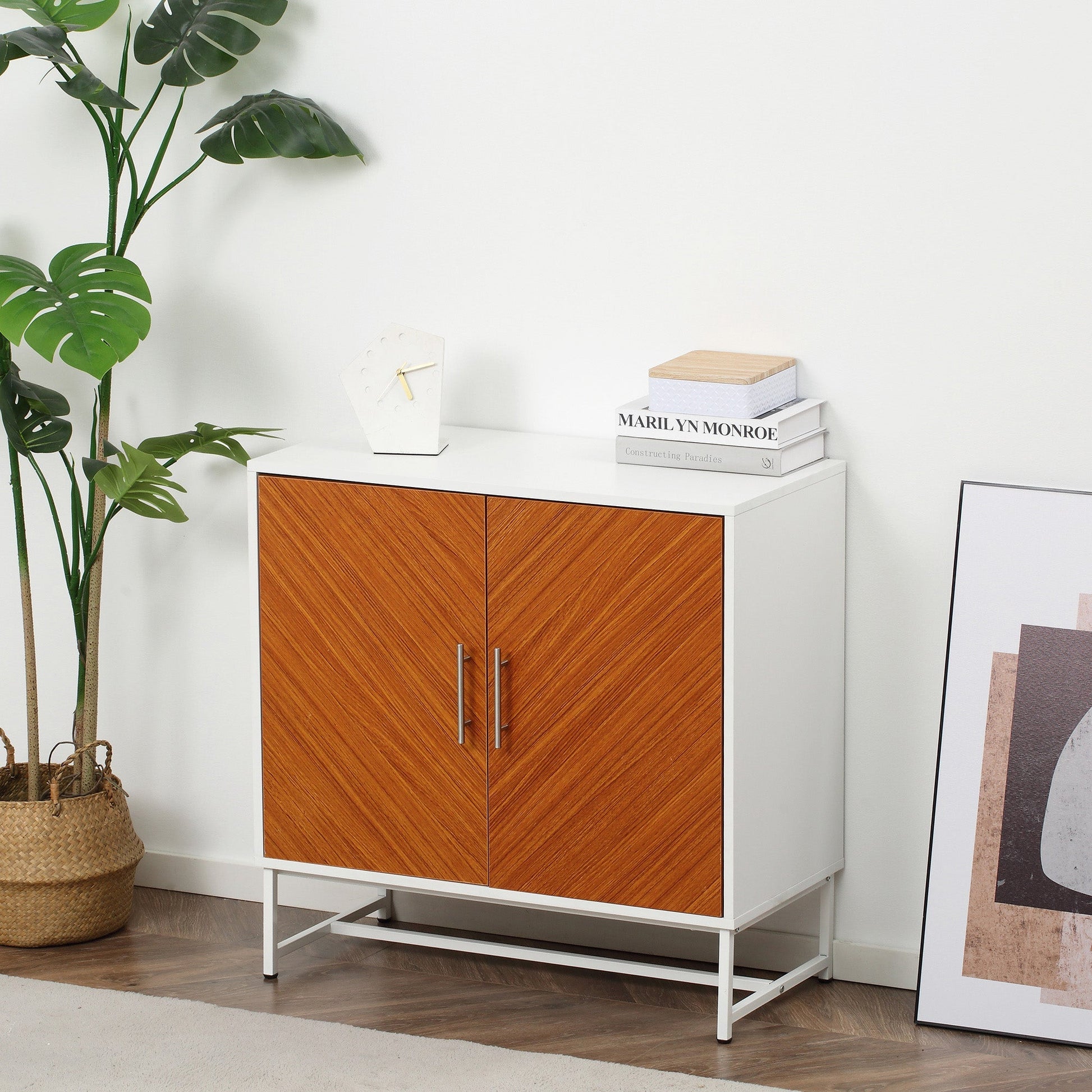 Kitchen Sideboard Buffet Cabinet with Adjustable Shelf, Metal Base, White, Brown Storage Cabinets   at Gallery Canada