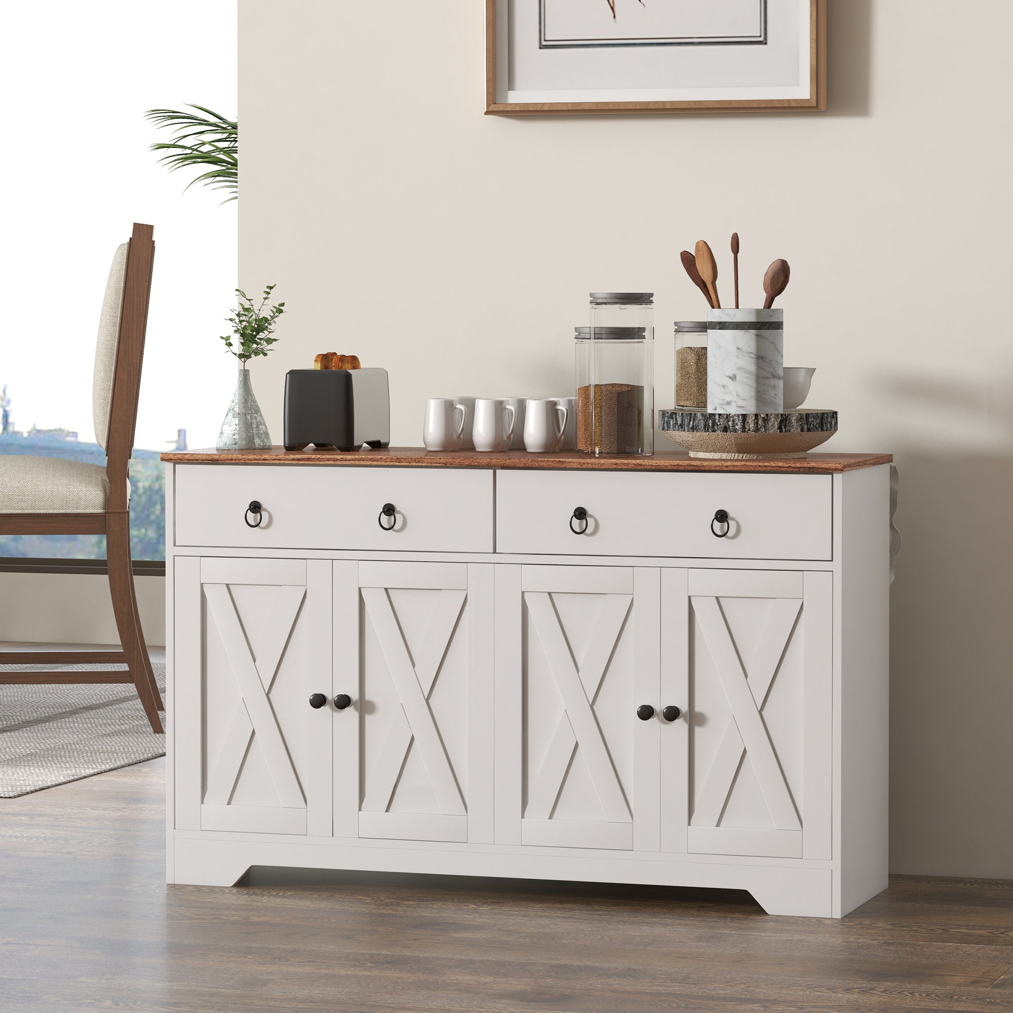 Kitchen Sideboard Cabinet with 2 Drawers, 4 Barn Doors and 2 Adjustable Shelves, Buffet Table for Living Room, White Bar Cabinets   at Gallery Canada