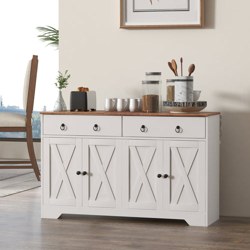 Kitchen Sideboard Cabinet with 2 Drawers, 4 Barn Doors and 2 Adjustable Shelves, Buffet Table for Living Room, White