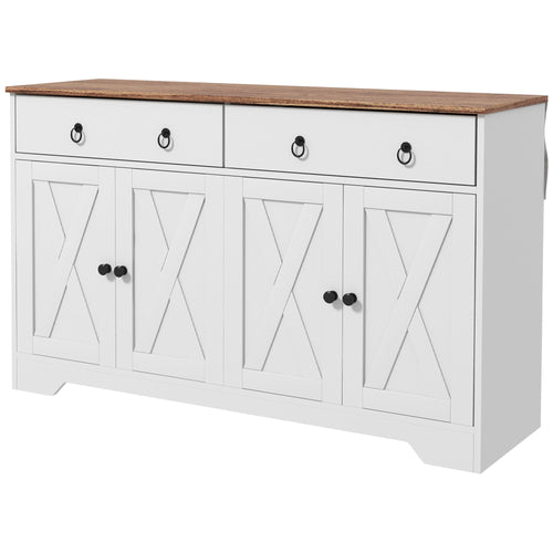 Kitchen Sideboard Cabinet with 2 Drawers, 4 Barn Doors and 2 Adjustable Shelves, Buffet Table for Living Room, White