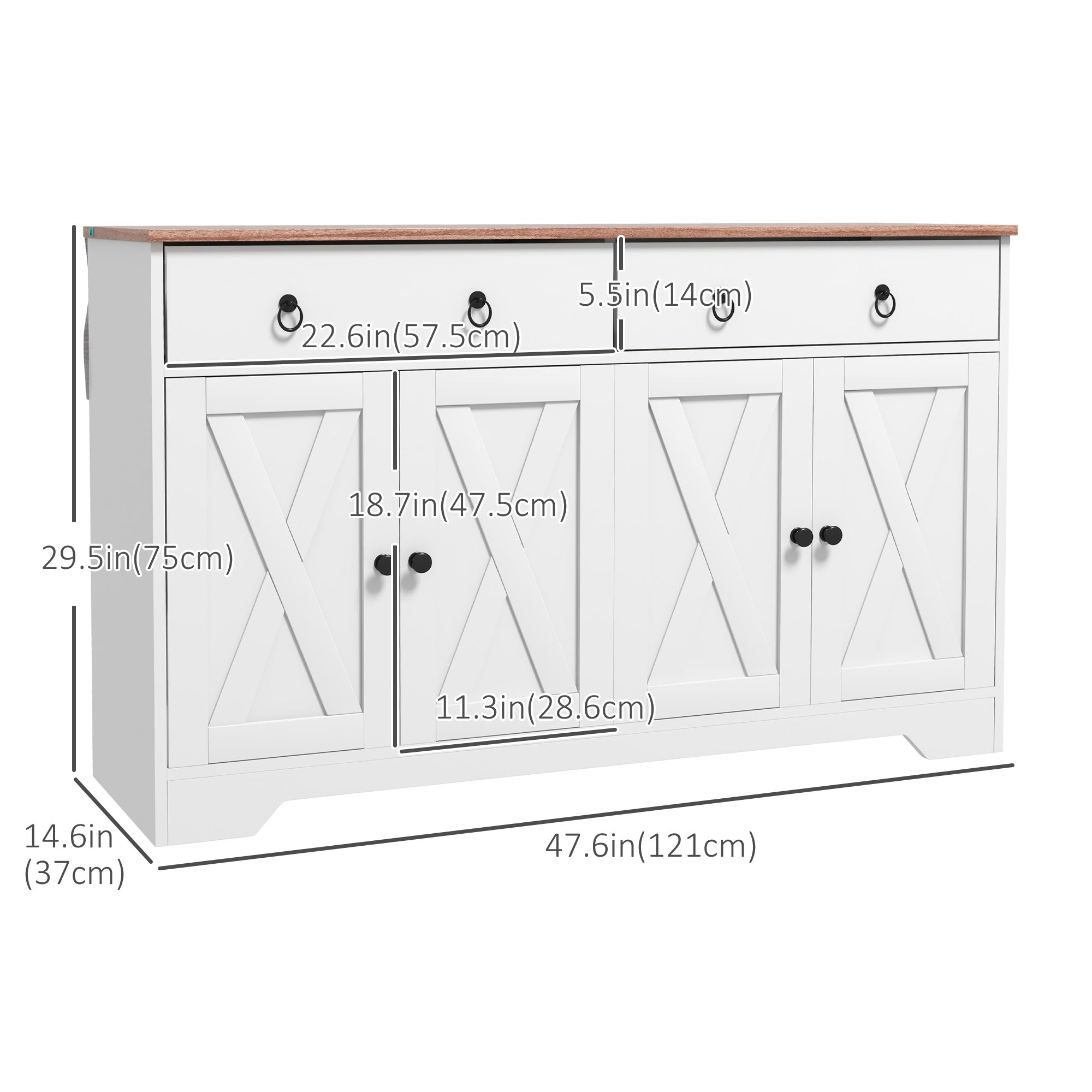 Kitchen Sideboard Cabinet with 2 Drawers, 4 Barn Doors and 2 Adjustable Shelves, Buffet Table for Living Room, White Bar Cabinets   at Gallery Canada