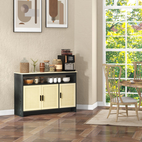 Kitchen Sideboard Cabinet with 3 Rattan Doors, Adjustable Shelves and Handles for Living Room, Hallway, Natural