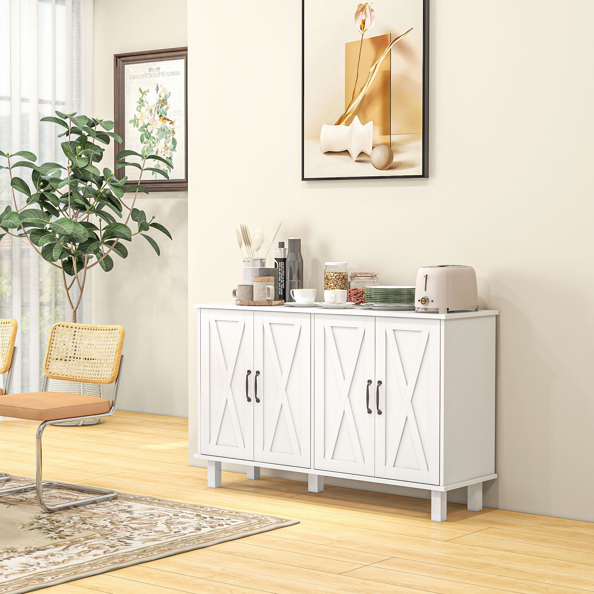 Kitchen Sideboard Cabinet with 4 Barn Doors and 2 Adjustable Shelves, Buffet Table for Living Room, Hallway, White Bar Cabinets   at Gallery Canada