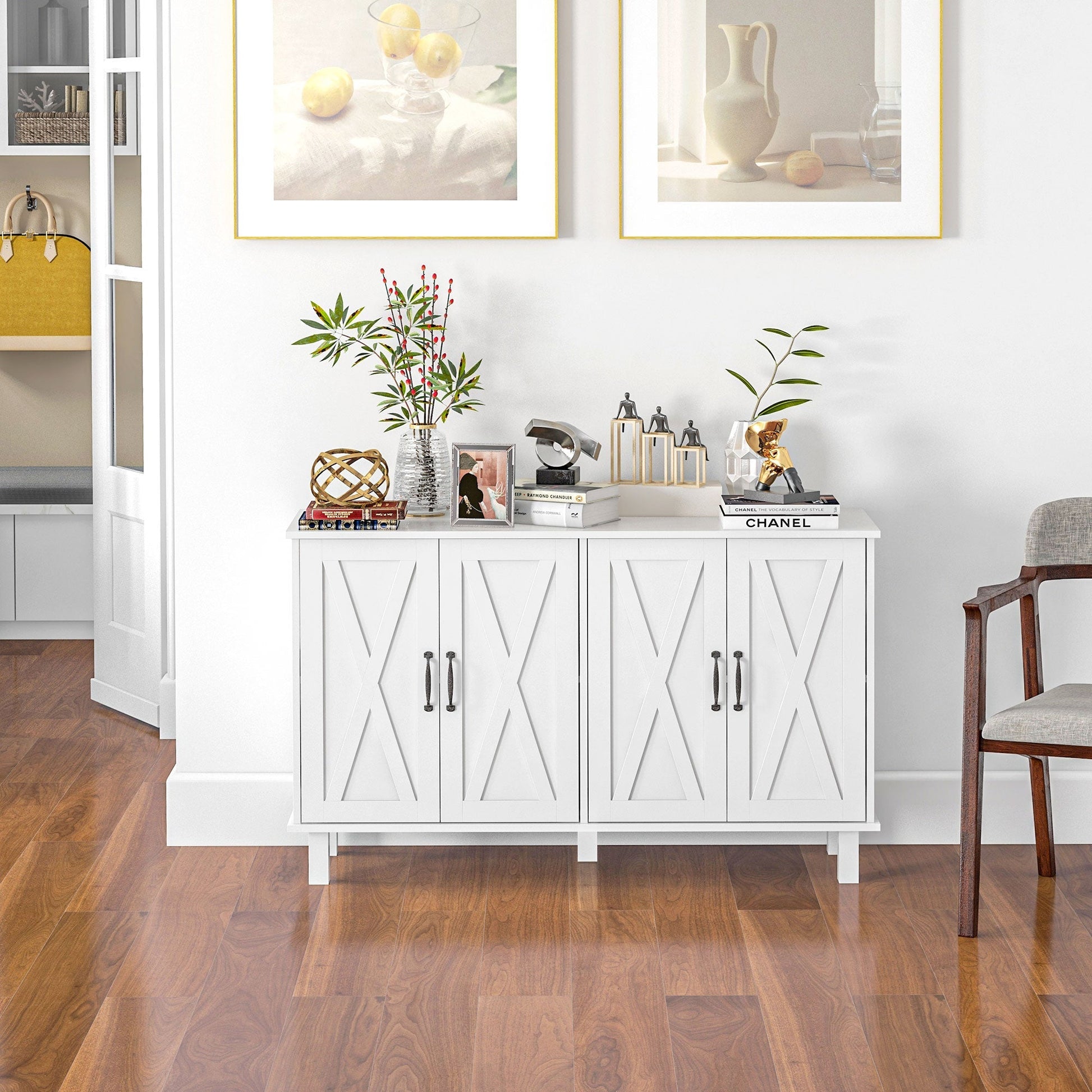 Kitchen Sideboard Cabinet with 4 Barn Doors and 2 Adjustable Shelves, Buffet Table for Living Room, Hallway, White Bar Cabinets   at Gallery Canada