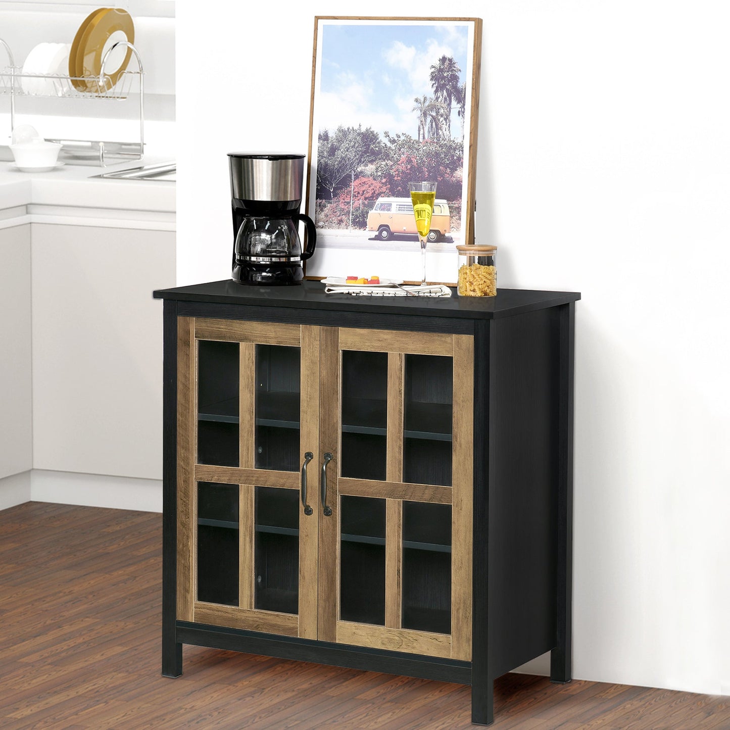 Glass Door Buffet Cabinet with Adjustable Shelf, Kitchen Sideboard, Black Bar Cabinets   at Gallery Canada