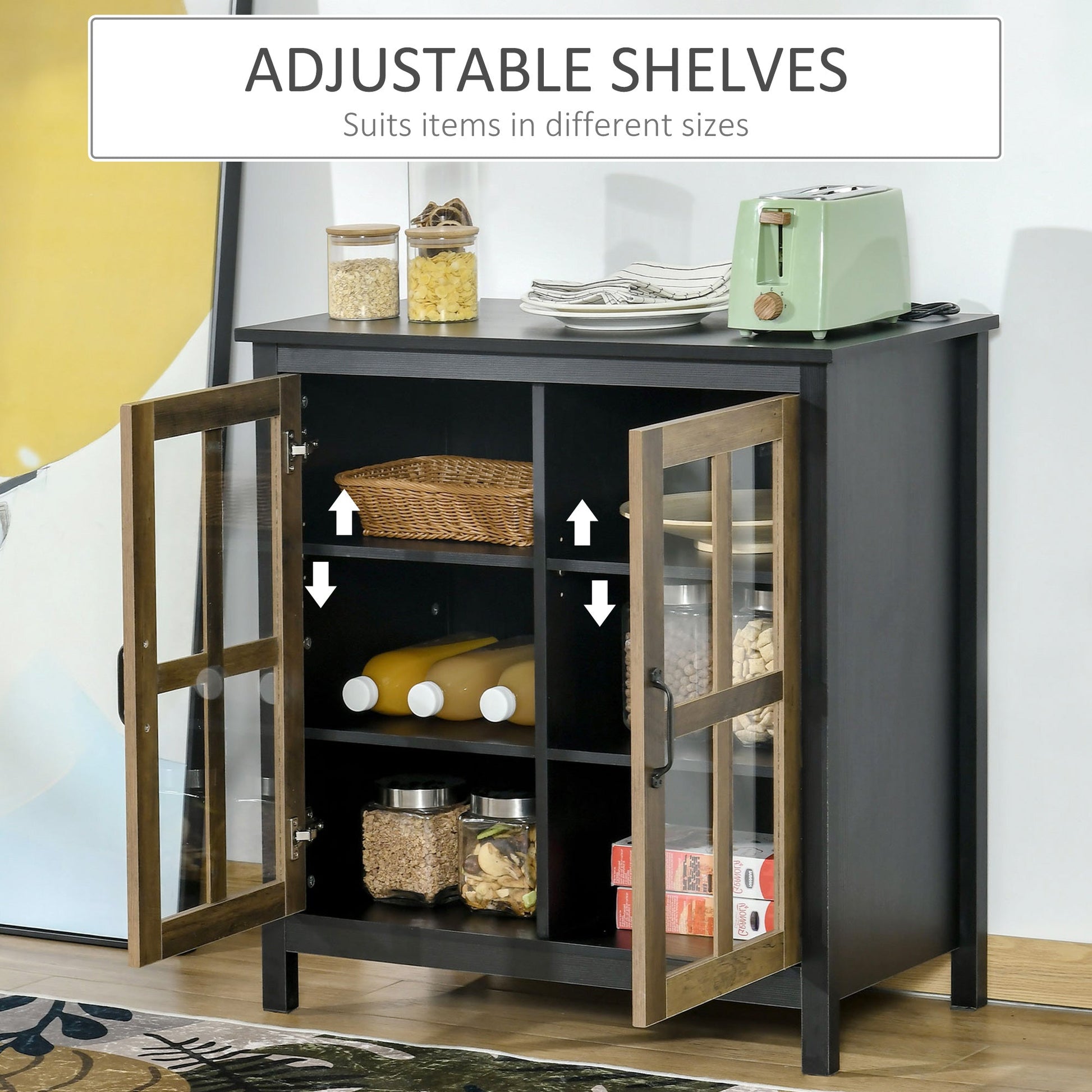 Glass Door Buffet Cabinet with Adjustable Shelf, Kitchen Sideboard, Black Bar Cabinets   at Gallery Canada