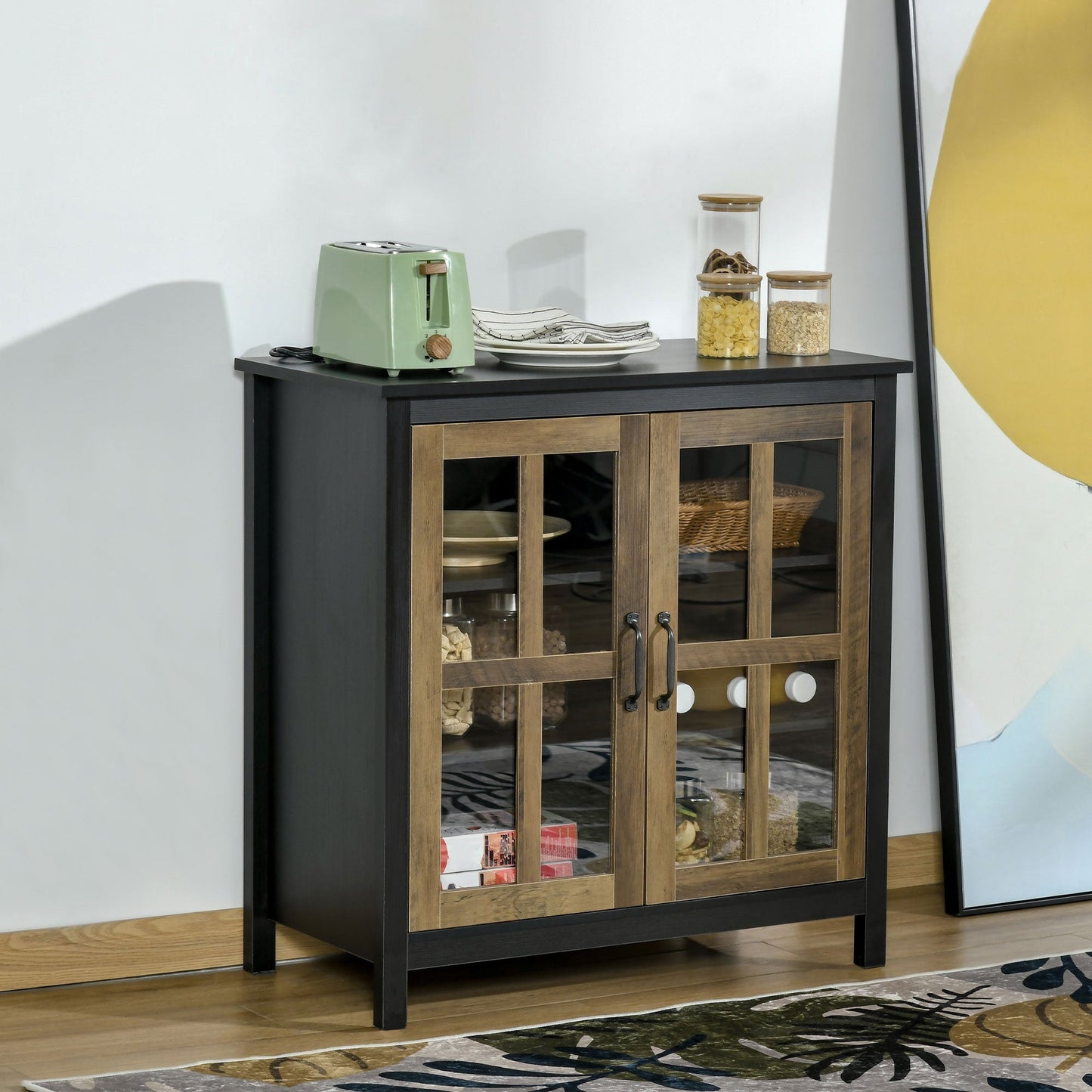 Glass Door Buffet Cabinet with Adjustable Shelf, Kitchen Sideboard, Black Bar Cabinets   at Gallery Canada