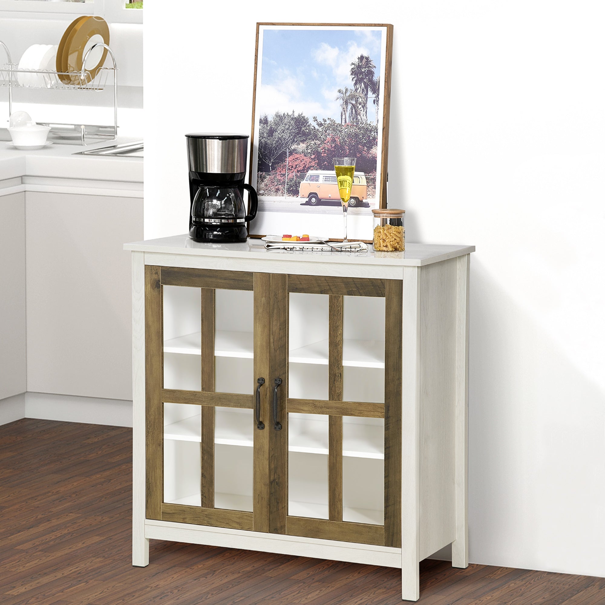 Distressed White Kitchen Sideboard Buffet Cabinet with Glass Doors and Adjustable Shelf Bar Cabinets   at Gallery Canada