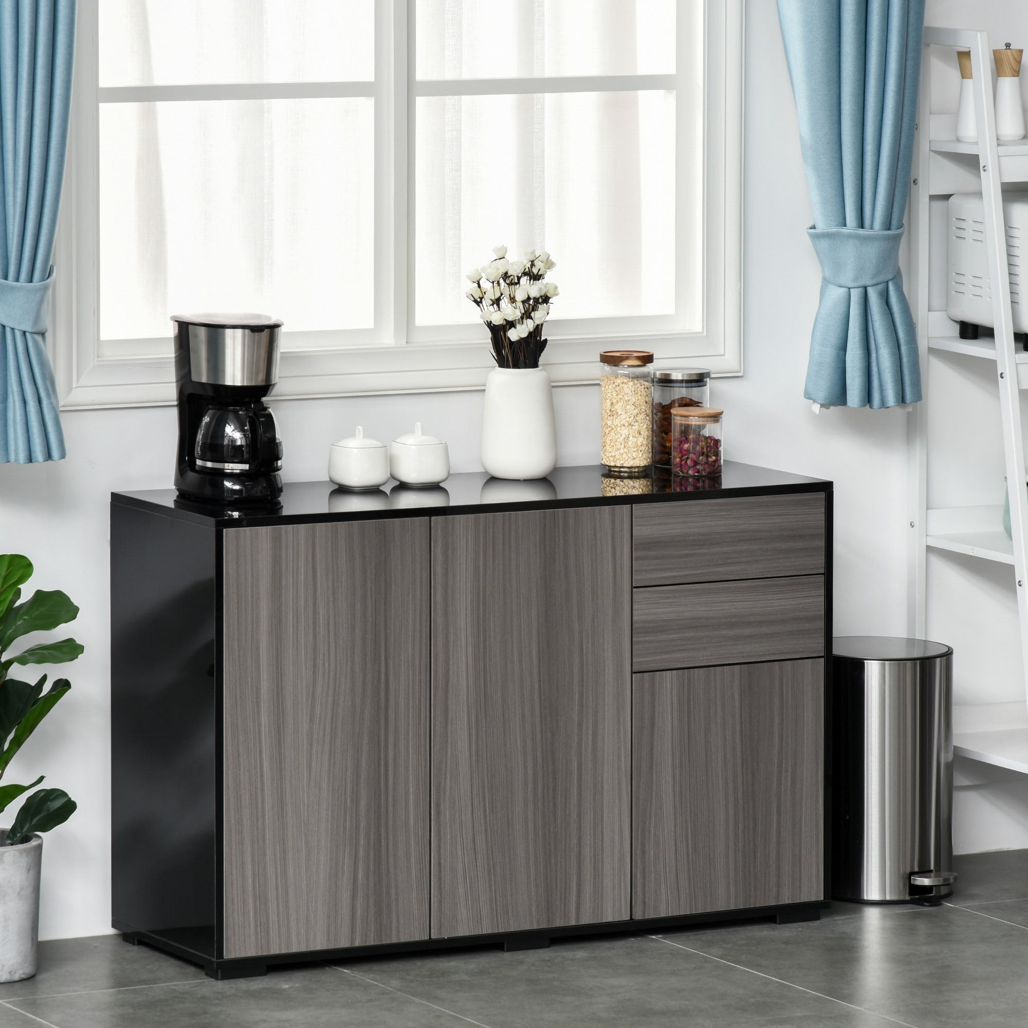 Kitchen Sideboard Storage Cabinet, Modern Coffee Bar with Push-Open Design and 2 Drawers for Living Room, Black Bar Cabinets   at Gallery Canada