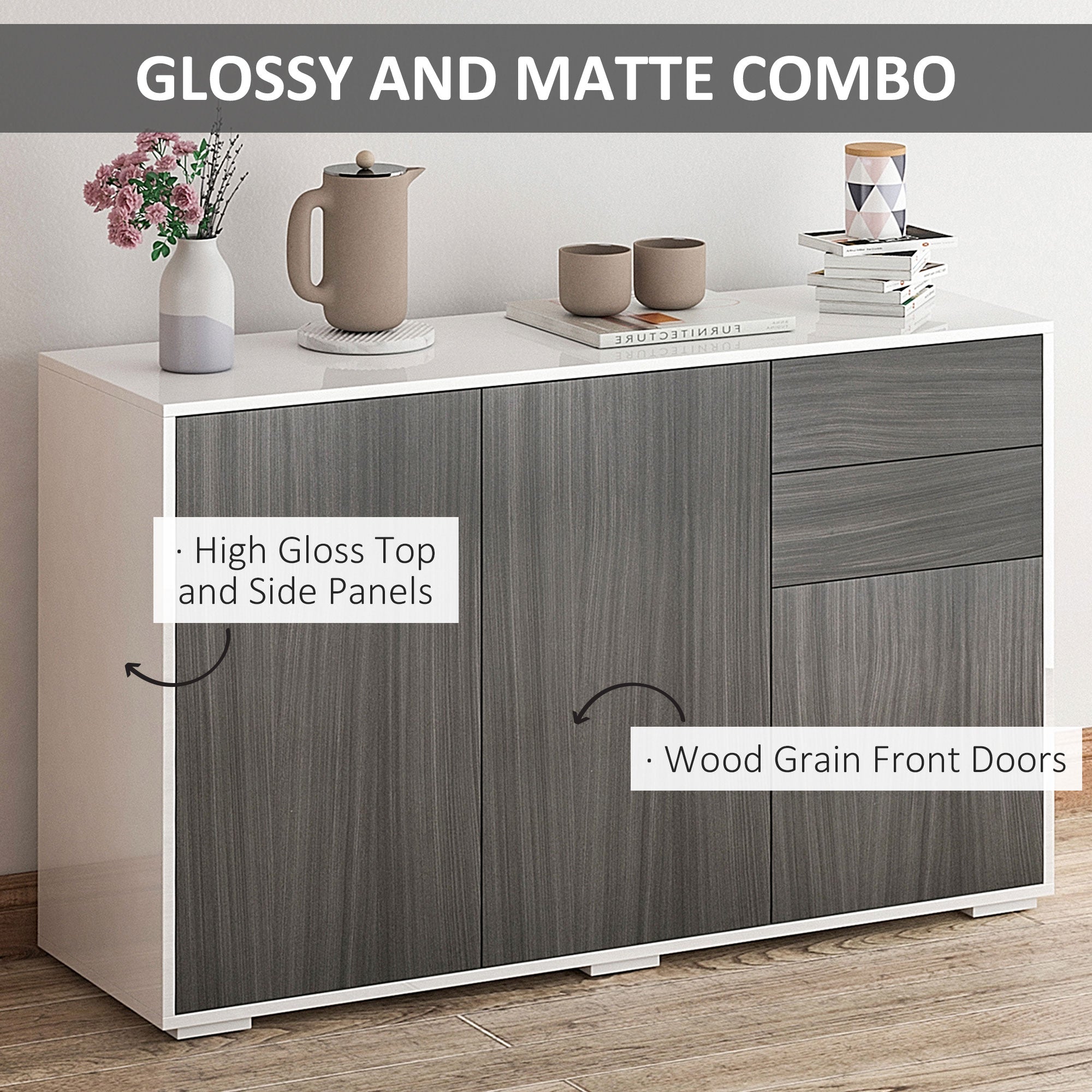 Kitchen Sideboard Storage Cabinet, Modern Coffee Bar with Push-Open Design and 2 Drawers for Living Room, Light Grey Kitchen Pantry Cabinets   at Gallery Canada