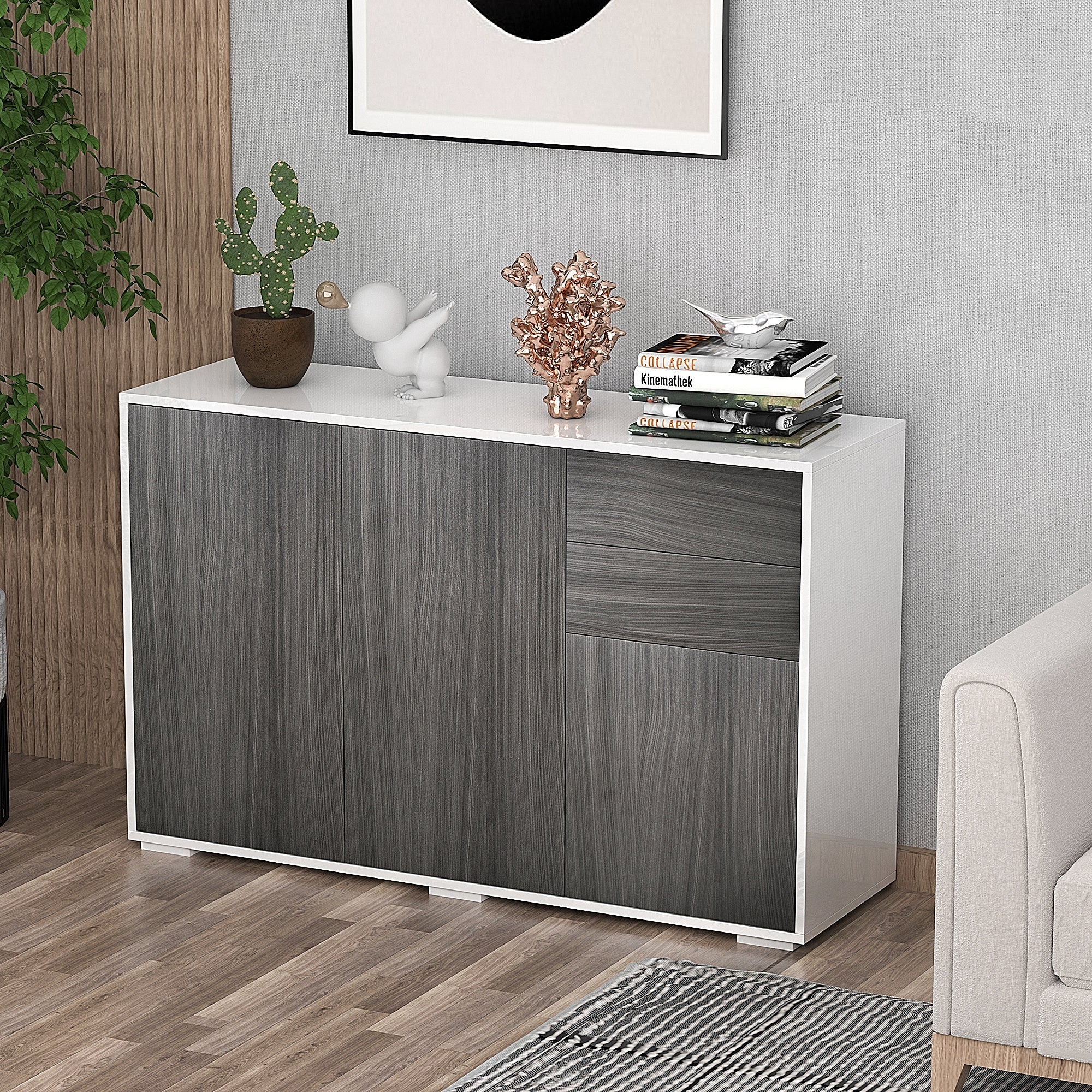 Kitchen Sideboard Storage Cabinet, Modern Coffee Bar with Push-Open Design and 2 Drawers for Living Room, Light Grey Kitchen Pantry Cabinets   at Gallery Canada