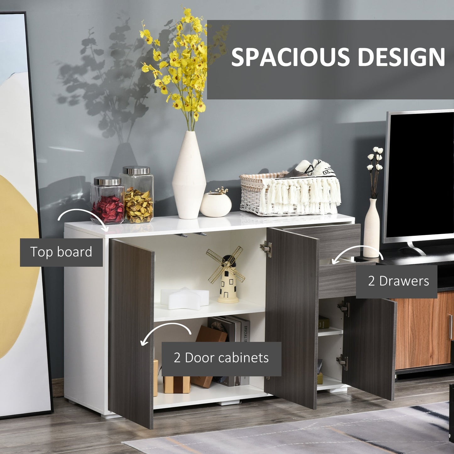 Kitchen Sideboard Storage Cabinet, Modern Coffee Bar with Push-Open Design and 2 Drawers for Living Room, Light Grey Kitchen Pantry Cabinets   at Gallery Canada