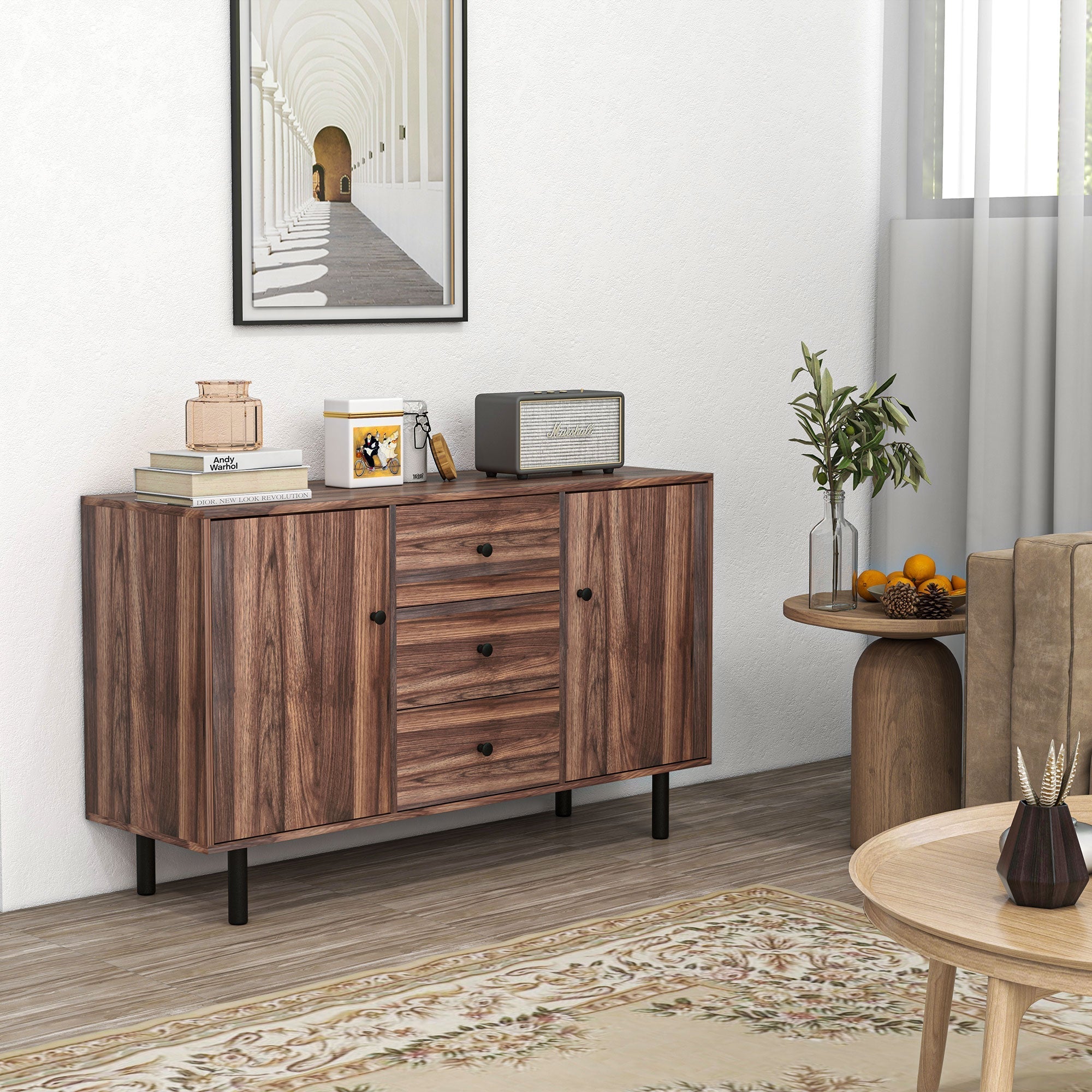 Kitchen Storage Sideboard, Buffet Cabinet with 2 Cupboard, 3 Drawers and Adjustable Shelves for Living Room Rustic Brown Bar Cabinets   at Gallery Canada