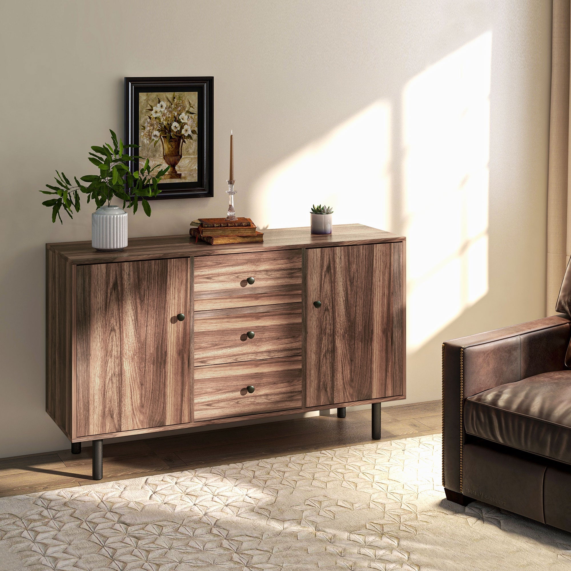 Kitchen Storage Sideboard, Buffet Cabinet with 2 Cupboard, 3 Drawers and Adjustable Shelves for Living Room Rustic Brown Bar Cabinets   at Gallery Canada