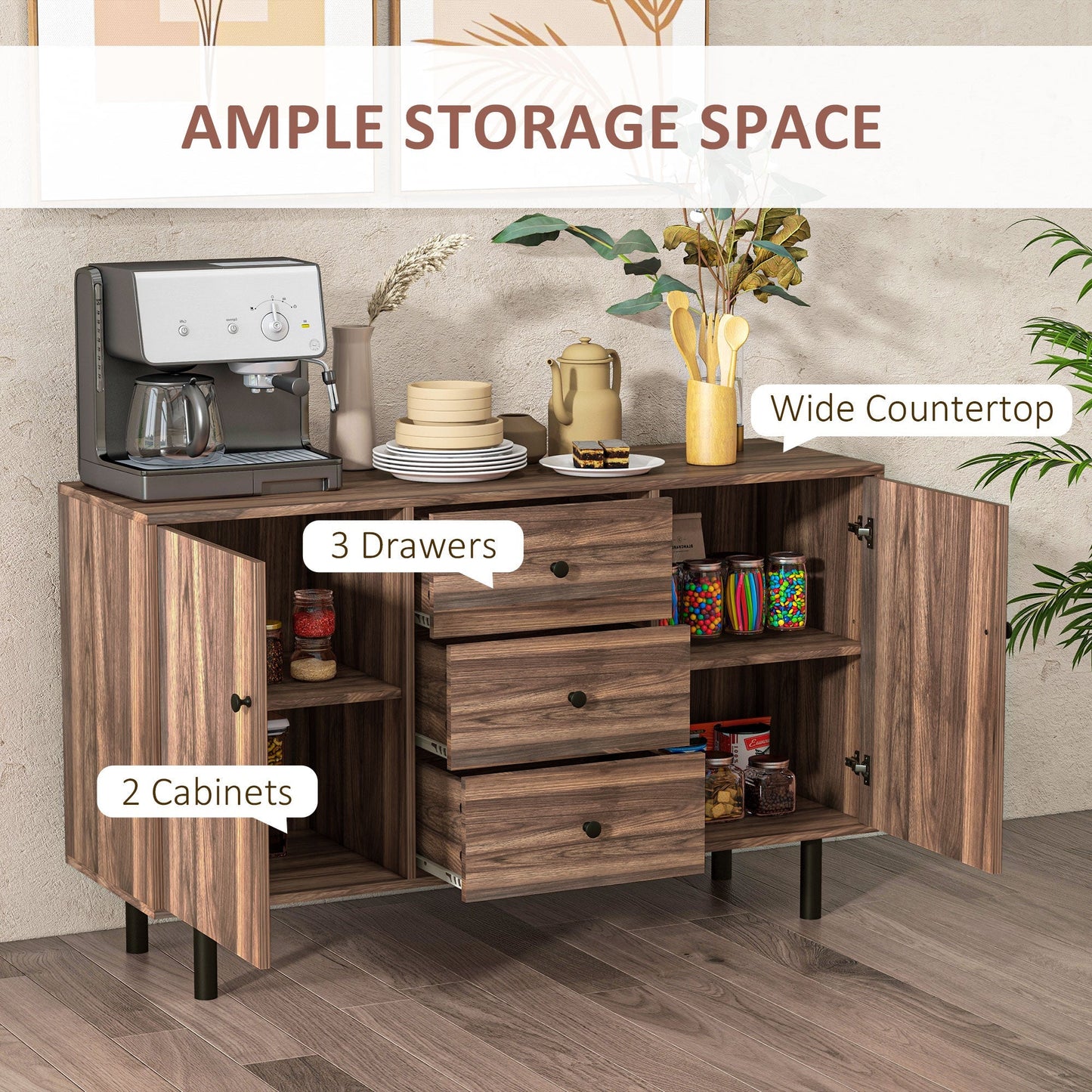 Kitchen Storage Sideboard, Buffet Cabinet with 2 Cupboard, 3 Drawers and Adjustable Shelves for Living Room Rustic Brown Bar Cabinets   at Gallery Canada