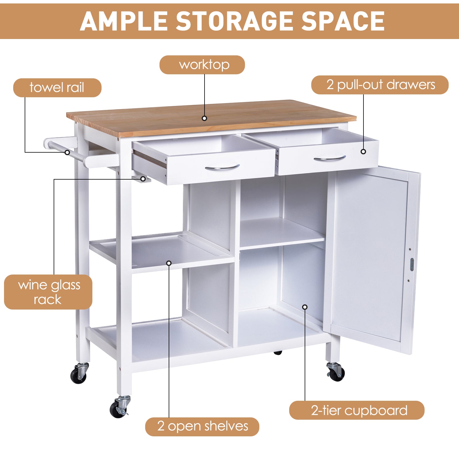 Kitchen Storage Trolley Cart Serving Cart 2 Drawers Wine Glass Rack Towel Rail Kitchen Islands & Kitchen Carts   at Gallery Canada