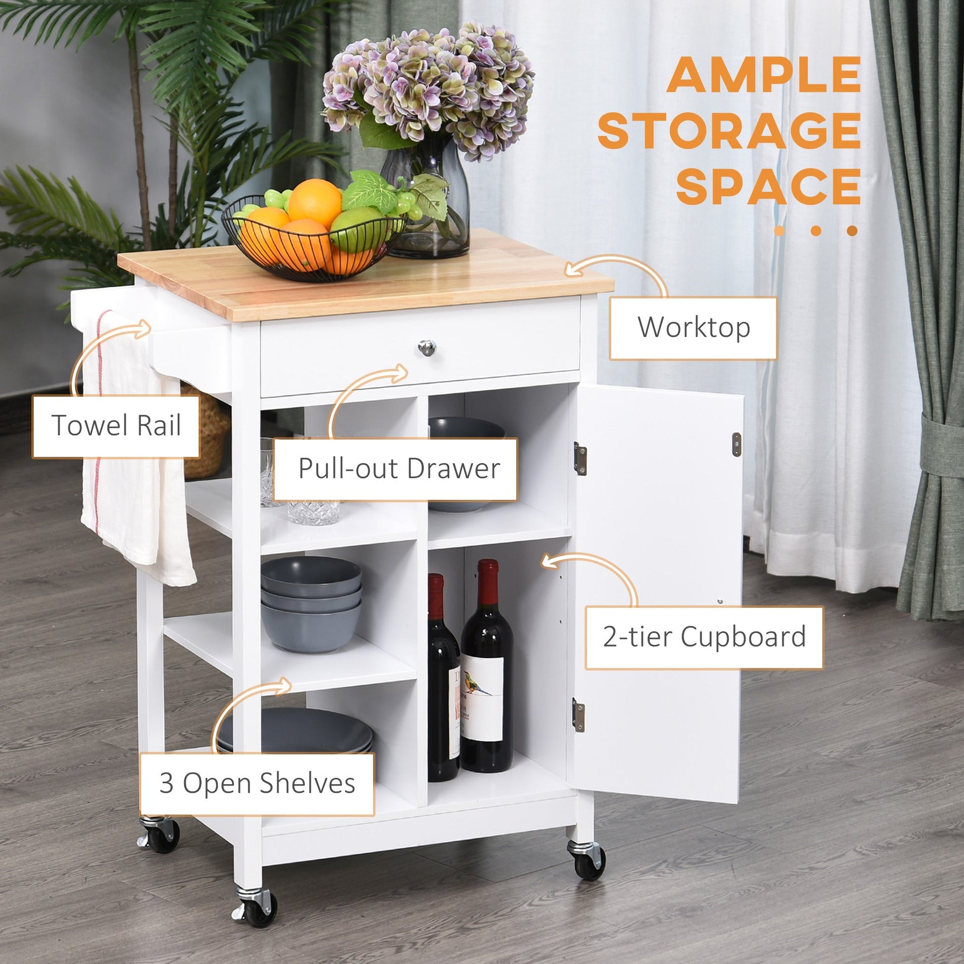 Kitchen Storage Trolley Cart Unit with Wood Top 3 Shelves Cupboard Drawer Rail 4 Wheels Handles Moving Shelf Handy Space saver, White Kitchen Islands & Kitchen Carts   at Gallery Canada