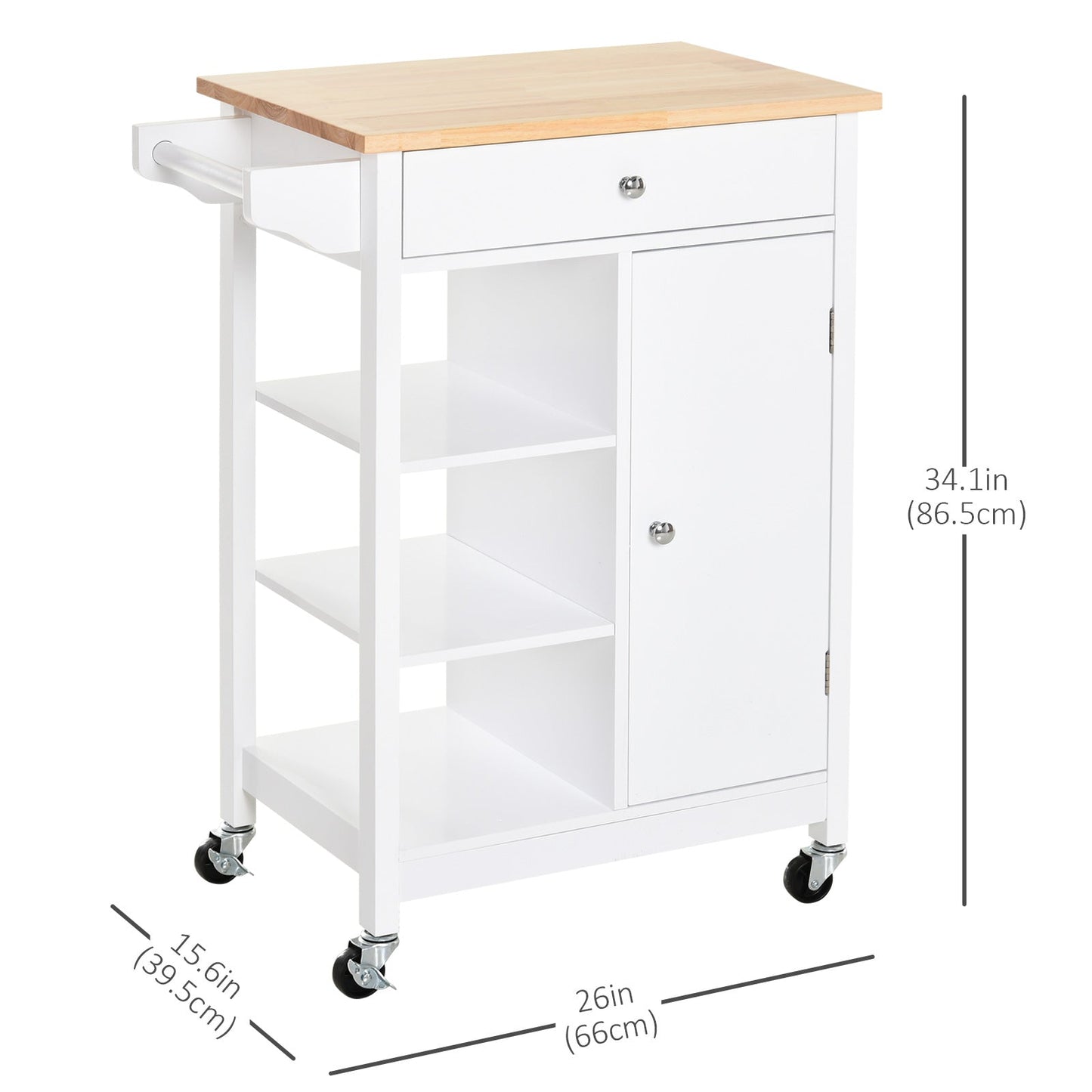 Kitchen Storage Trolley Cart Unit with Wood Top 3 Shelves Cupboard Drawer Rail 4 Wheels Handles Moving Shelf Handy Space saver, White Kitchen Islands & Kitchen Carts Multi Colour  at Gallery Canada