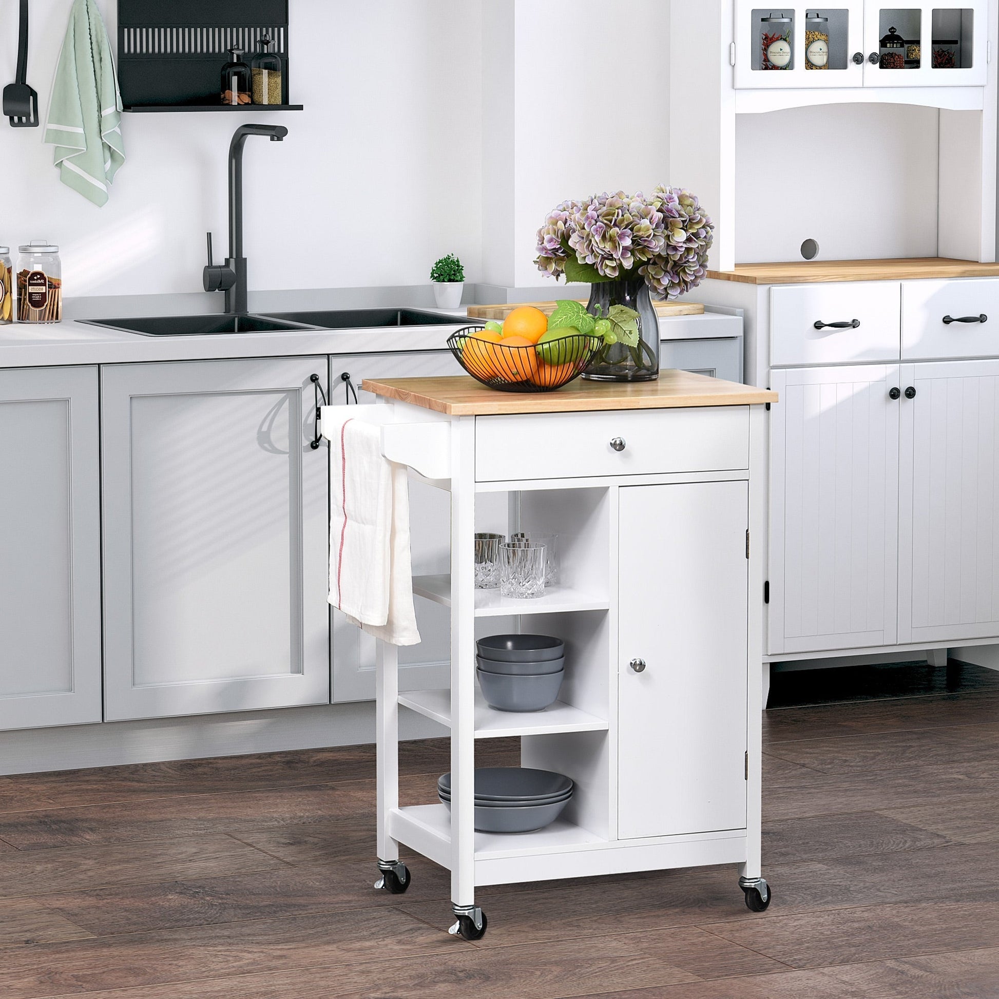 Kitchen Storage Trolley Cart Unit with Wood Top 3 Shelves Cupboard Drawer Rail 4 Wheels Handles Moving Shelf Handy Space saver, White Kitchen Islands & Kitchen Carts   at Gallery Canada