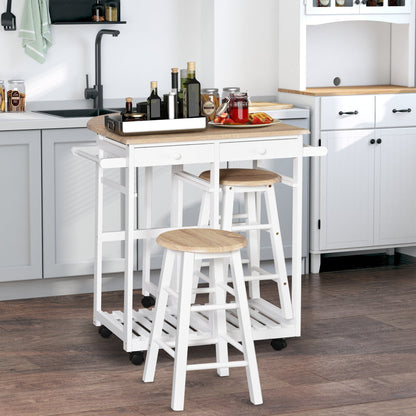 Kitchen Trolley 3 Piece Kitchen Cart Set Drop Leaf Breakfast Table and 2 Stools w/ Rolling Wheels &; Towel Bars, Wood &; White Kitchen Islands & Kitchen Carts   at Gallery Canada