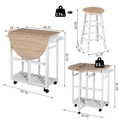 Kitchen Trolley 3 Piece Kitchen Cart Set Drop Leaf Breakfast Table and 2 Stools w/ Rolling Wheels &; Towel Bars, Wood &; White Kitchen Islands & Kitchen Carts Wood Color and White  at Gallery Canada