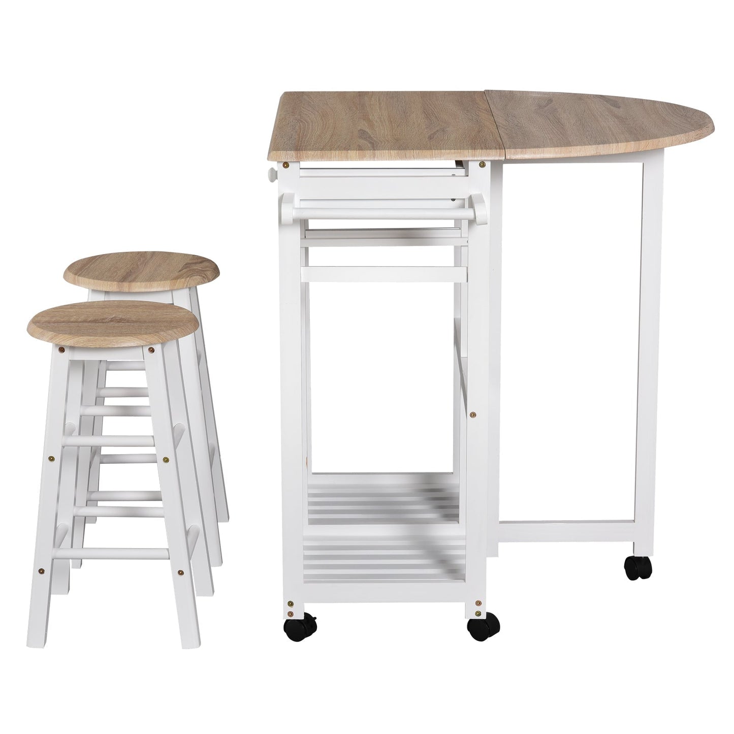 Kitchen Trolley 3 Piece Kitchen Cart Set Drop Leaf Breakfast Table and 2 Stools w/ Rolling Wheels &; Towel Bars, Wood &; White Kitchen Islands & Kitchen Carts   at Gallery Canada