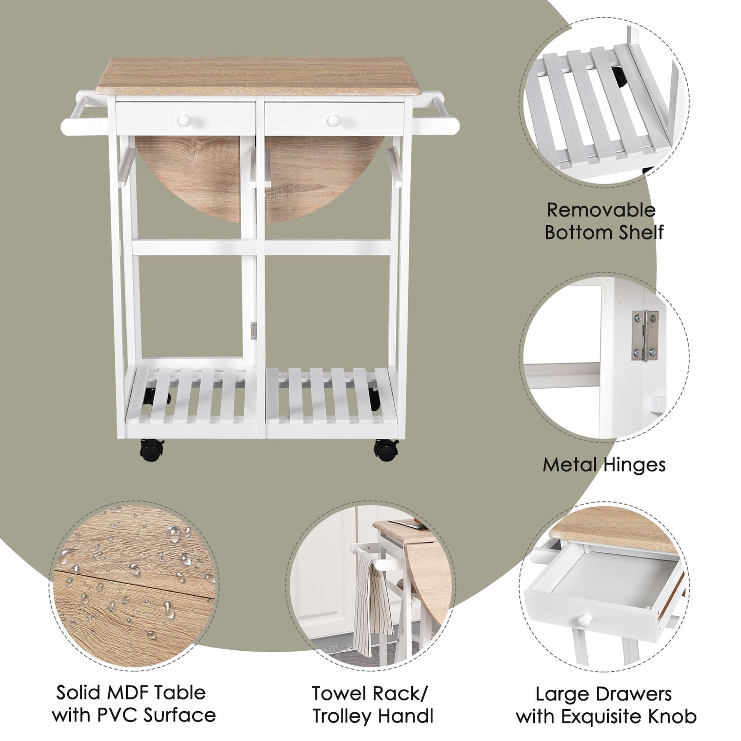 Kitchen Trolley 3 Piece Kitchen Cart Set Drop Leaf Breakfast Table and 2 Stools w/ Rolling Wheels &; Towel Bars, Wood &; White Kitchen Islands & Kitchen Carts   at Gallery Canada