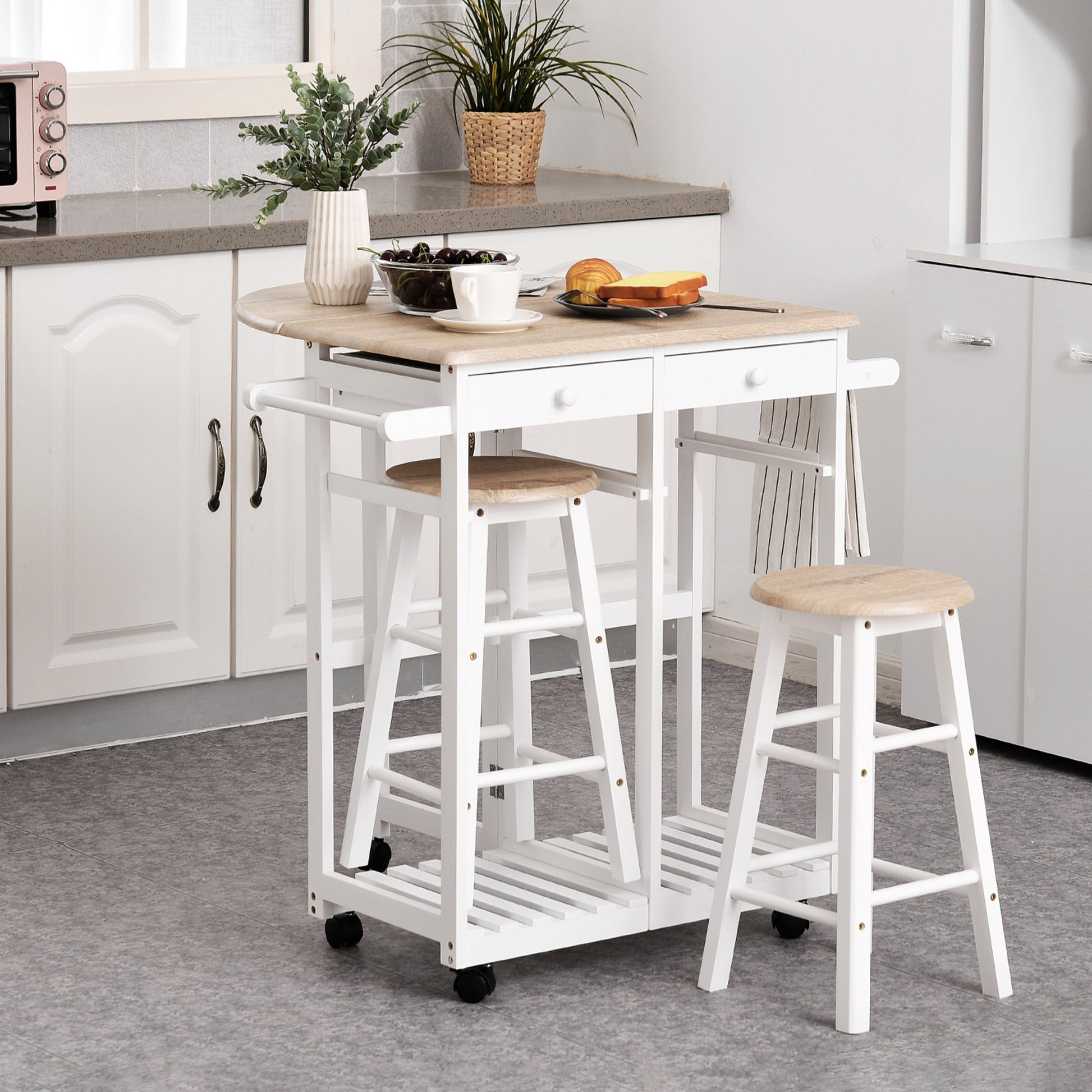 Kitchen Trolley 3 Piece Kitchen Cart Set Drop Leaf Breakfast Table and 2 Stools w/ Rolling Wheels &; Towel Bars, Wood &; White Kitchen Islands & Kitchen Carts   at Gallery Canada