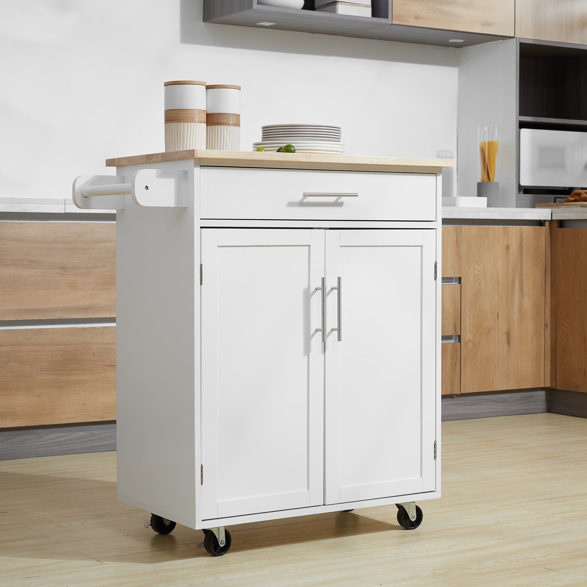 Kitchen Trolley Mobile Kitchen Island on Wheels Serving Cart Wooden Storage w/ Drawer and Towel Bar White Kitchen Islands & Kitchen Carts   at Gallery Canada