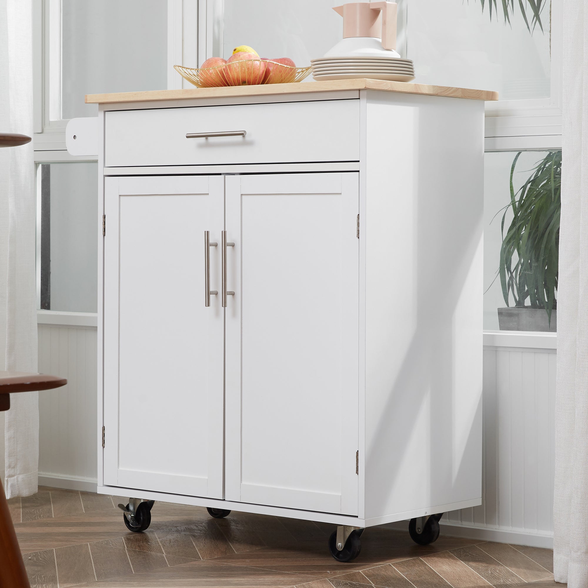 Kitchen Trolley Mobile Kitchen Island on Wheels Serving Cart Wooden Storage w/ Drawer and Towel Bar White Kitchen Islands & Kitchen Carts   at Gallery Canada