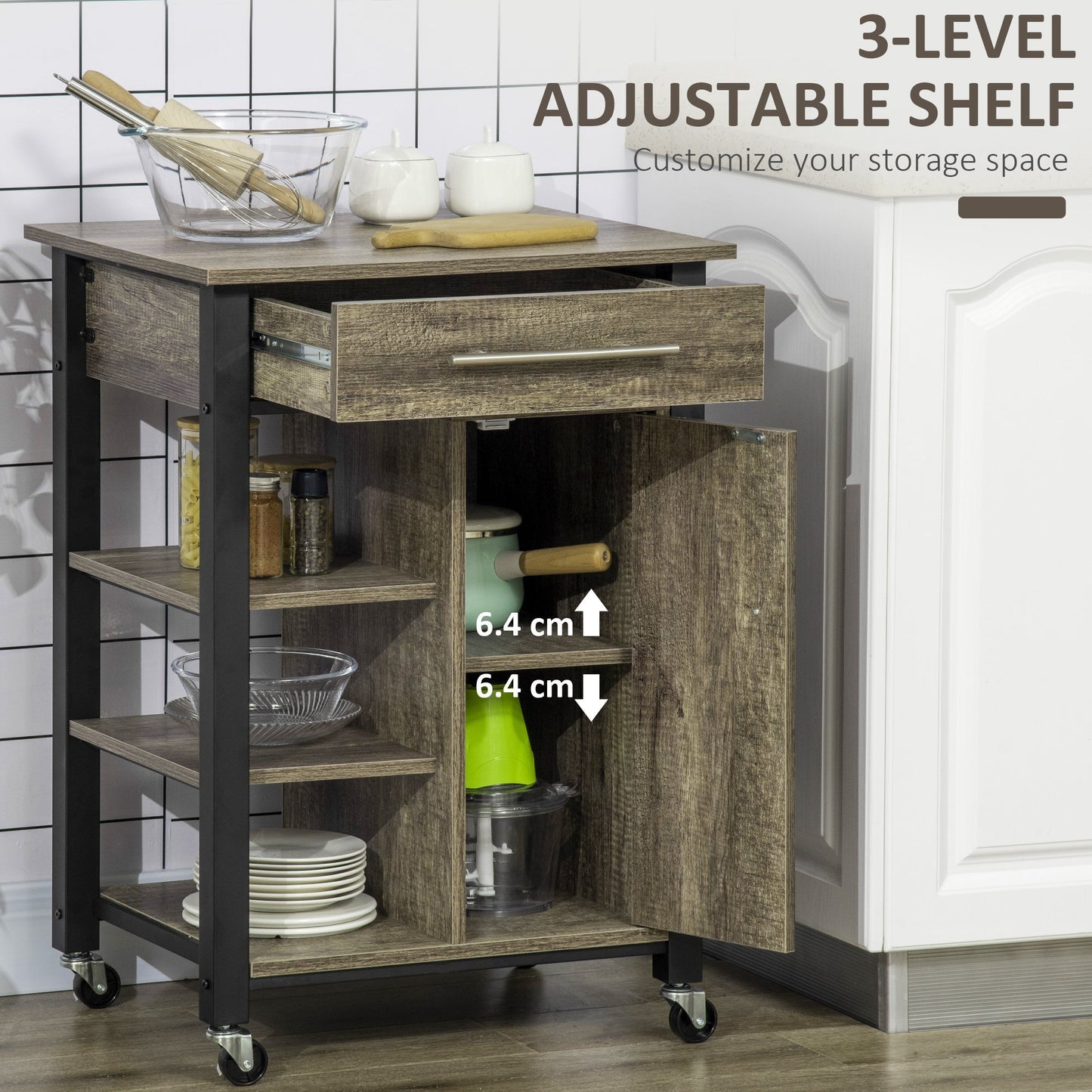 Kitchen Trolley Utility Cart on Wheels with Storage Shelves &; Drawer for Dining Room, Dark Oak Kitchen Islands & Kitchen Carts   at Gallery Canada